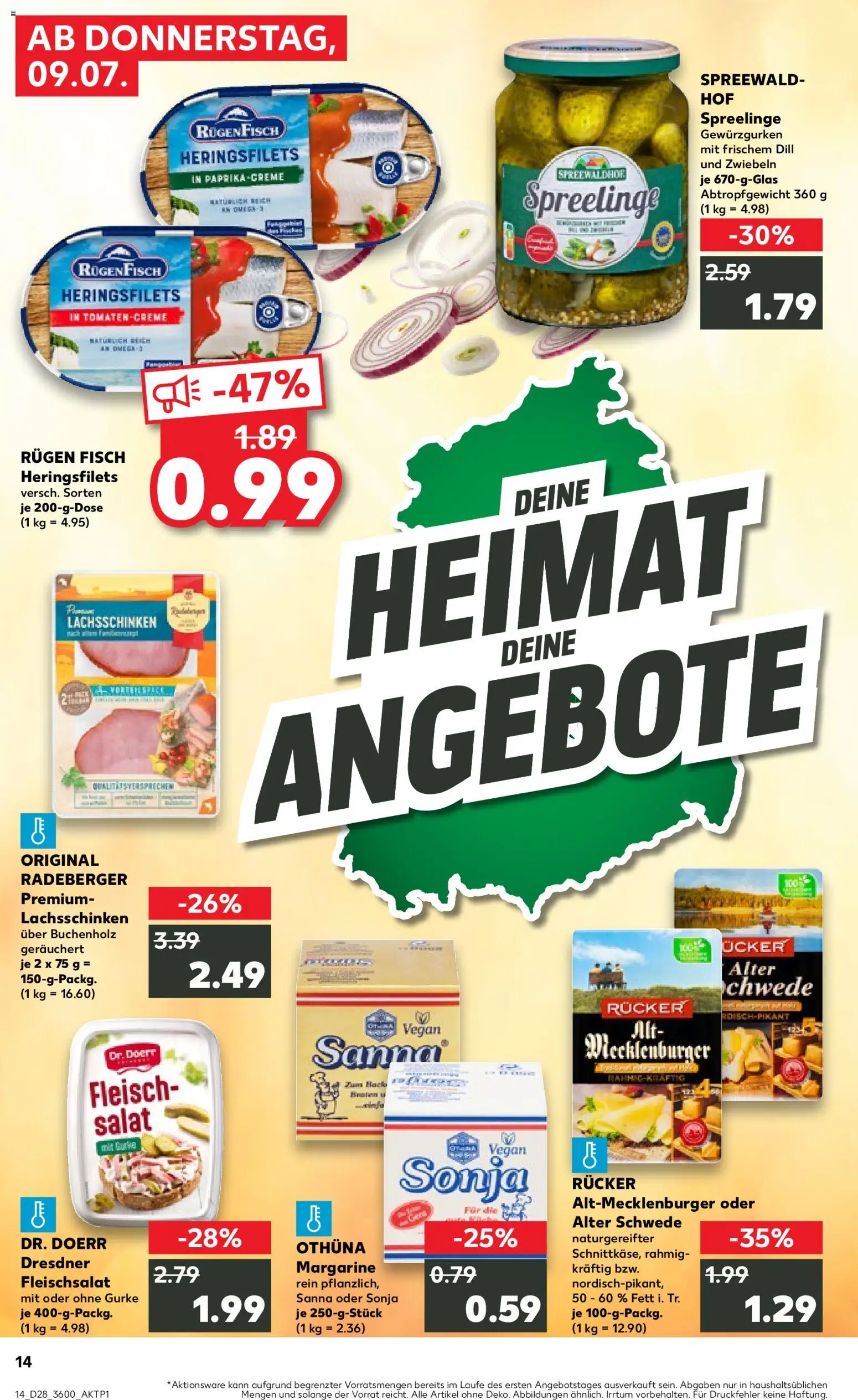 Kaufland Prospekt Zeitz – gültig ab 09.07.2026 | Seite: 14 | Produkte: Margarine, Fisch, Zwiebeln, Fleisch