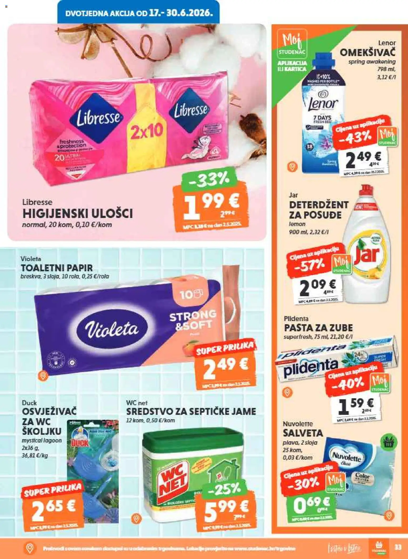 Studenac katalog | vrijedi od 17.06.2026 | Stranica: 33 | Proizvodi: Higijenski ulošci, Pasta za zube, WC Net, Libresse
