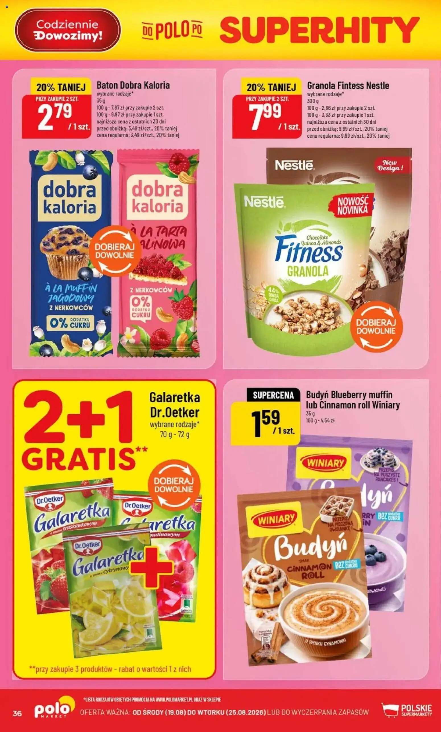 Nowa POLOmarket gazetka od jutra 19.08.2026 | Strona: 36 | Produkty: Galaretka, Granola, Baton dobra kaloria, Baton