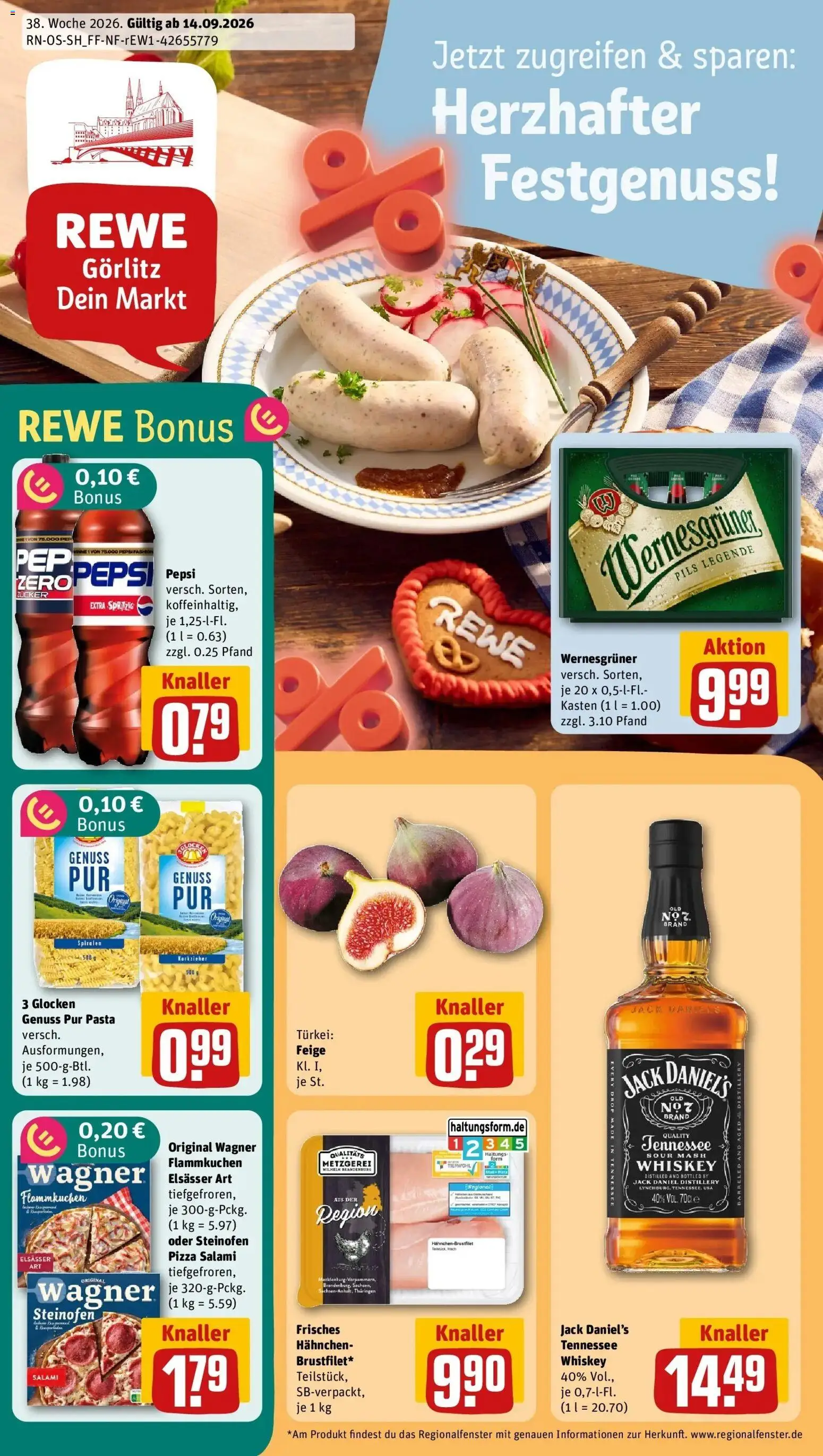 REWE Prospekt ab 14.09.2026 zum Blättern » Angebote | Seite: 1 | Produkte: Pils, Jack Daniel's, Salami, Whiskey