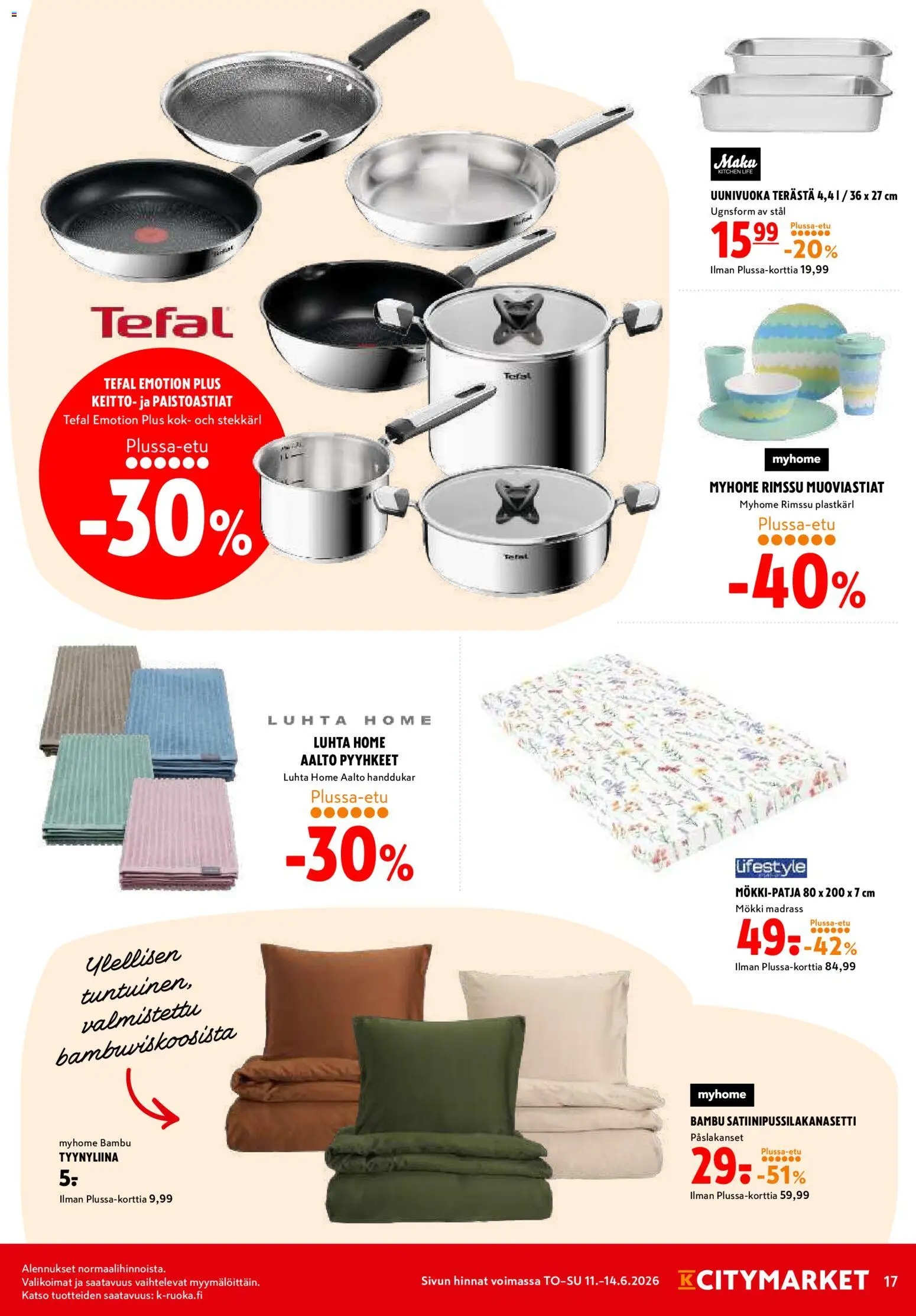 K-Citymarket tarjoukset – voimassa 11.06.2026 alkaen | Sivu: 17 | Tuotteet: Uunivuoka, Pyyhkeet, Keitto, Tyynyliina