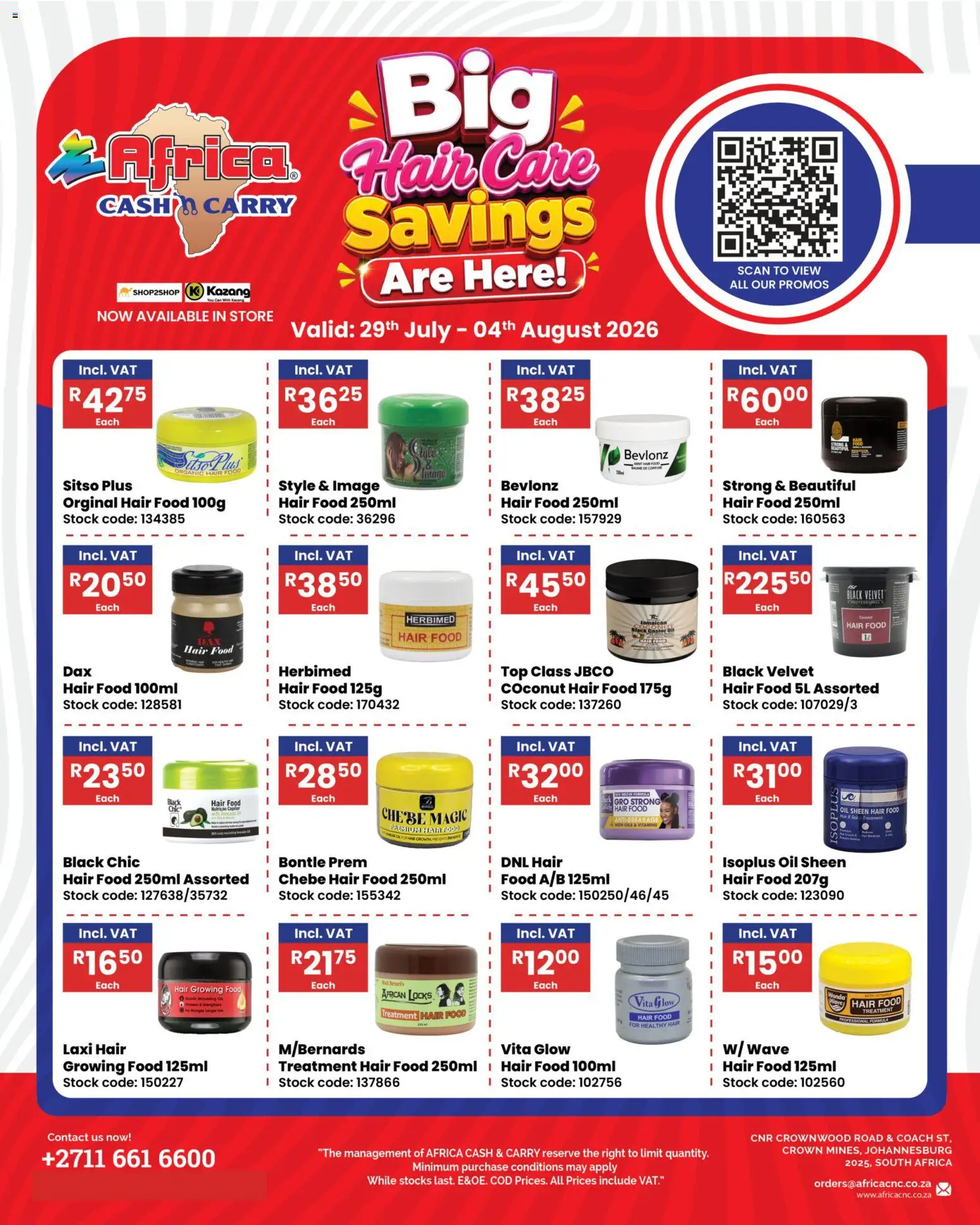 New Africa Cash & Carry catalogue – valid from 29/07/2026 | Page: 1 | Products: Vitamins, Oil, Stock