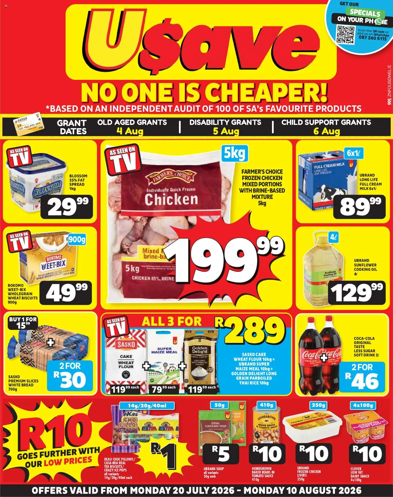 New Usave catalogue – valid from 20/07/2026 | Page: 1 | Products: Baked beans, Oil, Cream, Sugar