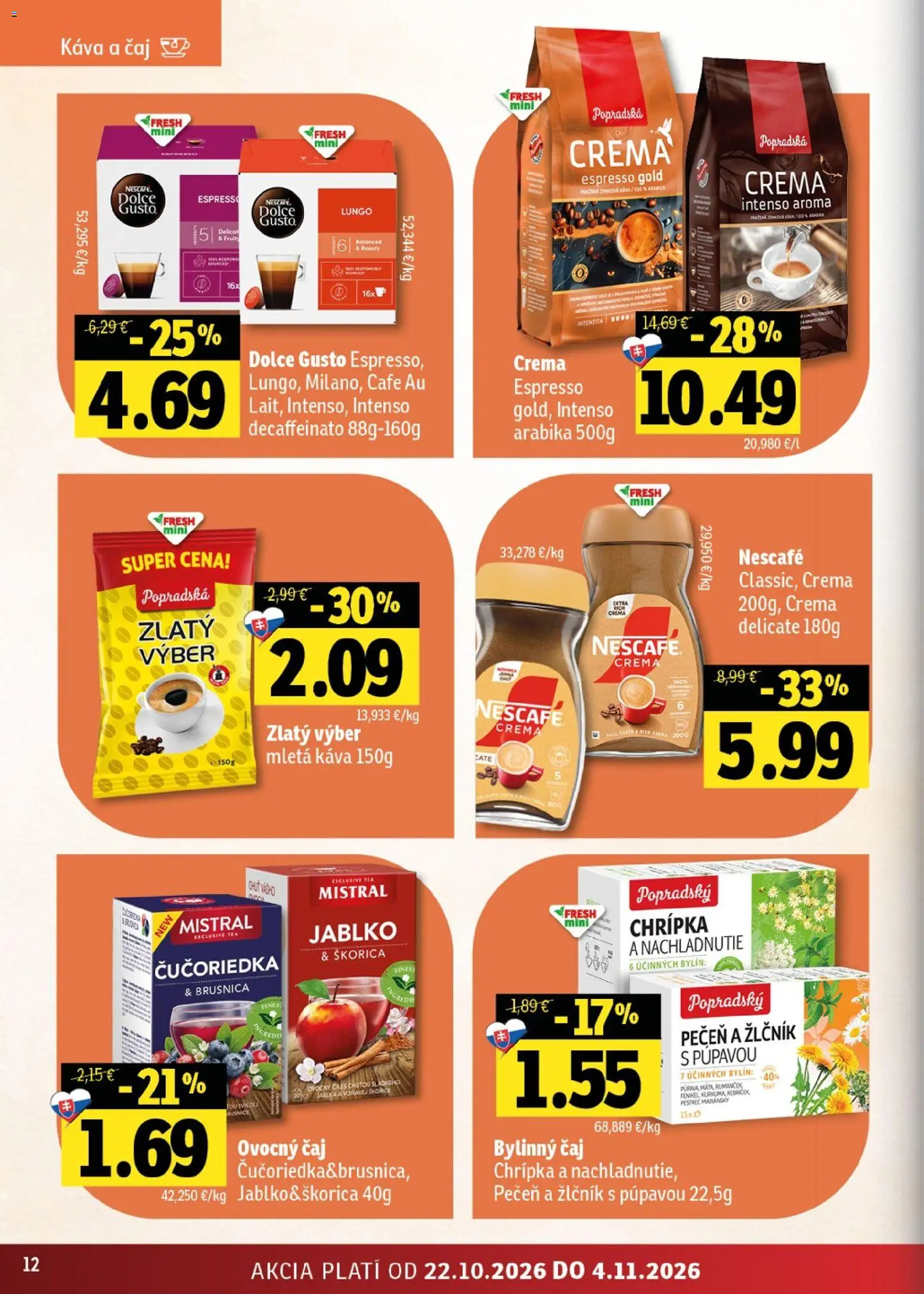 Nové Fresh akcie – leták je platný od 22.10.2026 | Strana: 12 | Produkty: Dolce Gusto, Káva, Pečeň, Nescafé Crema