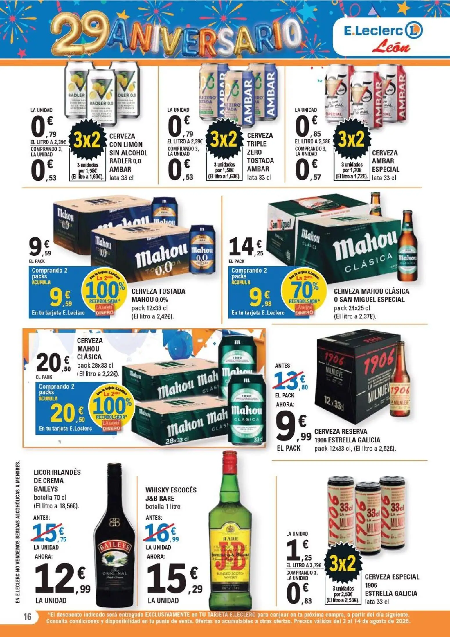 E.Leclerc - León │ válido desde el 03/08/2026 | Página: 16 | Productos: Licor, Cerveza, Crema, Whisky