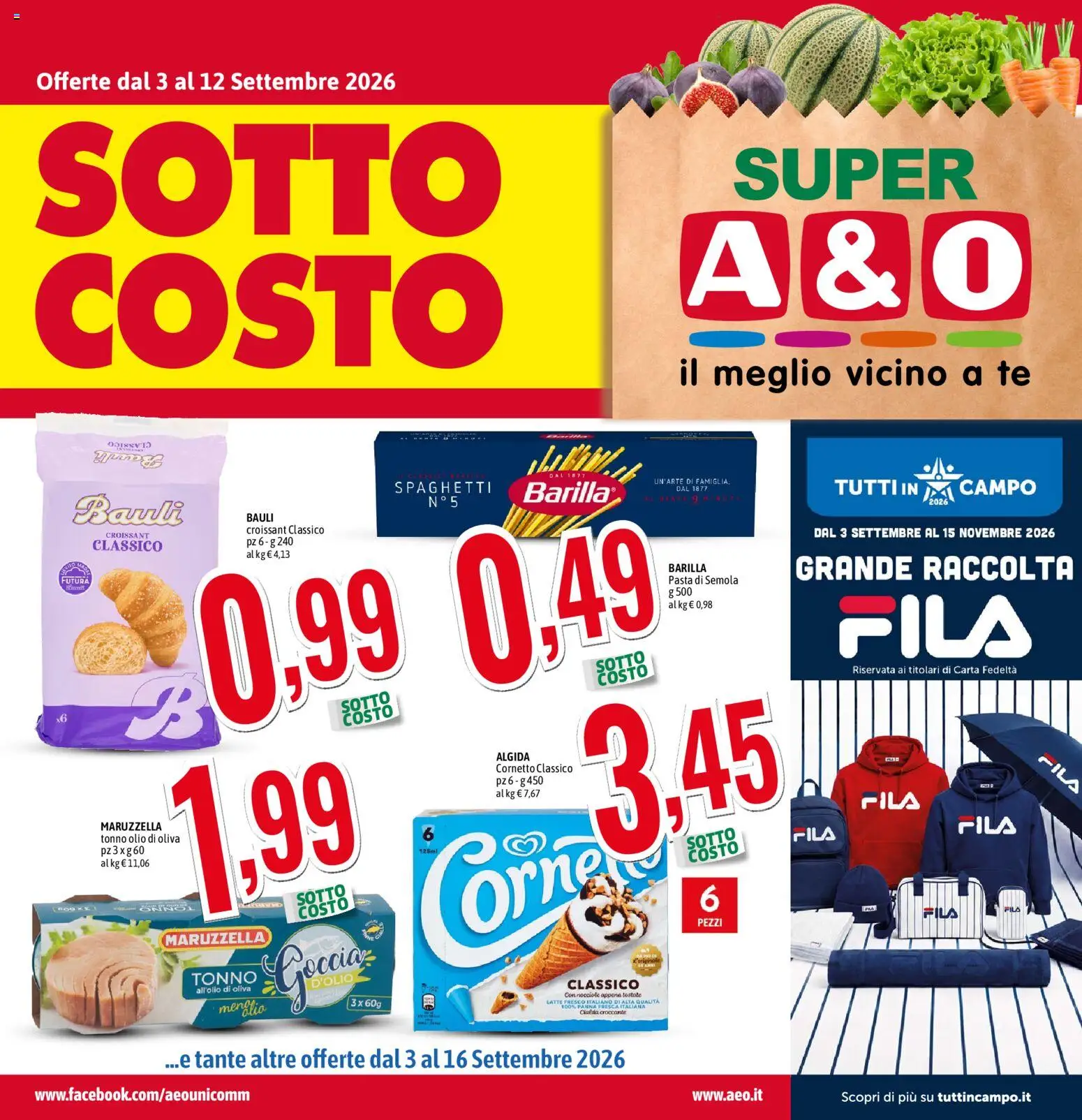 Volantino A&O del 03/09/2026 | Pagina: 1 | Prodotti: Cornetto, Latte, Barilla, Tonno