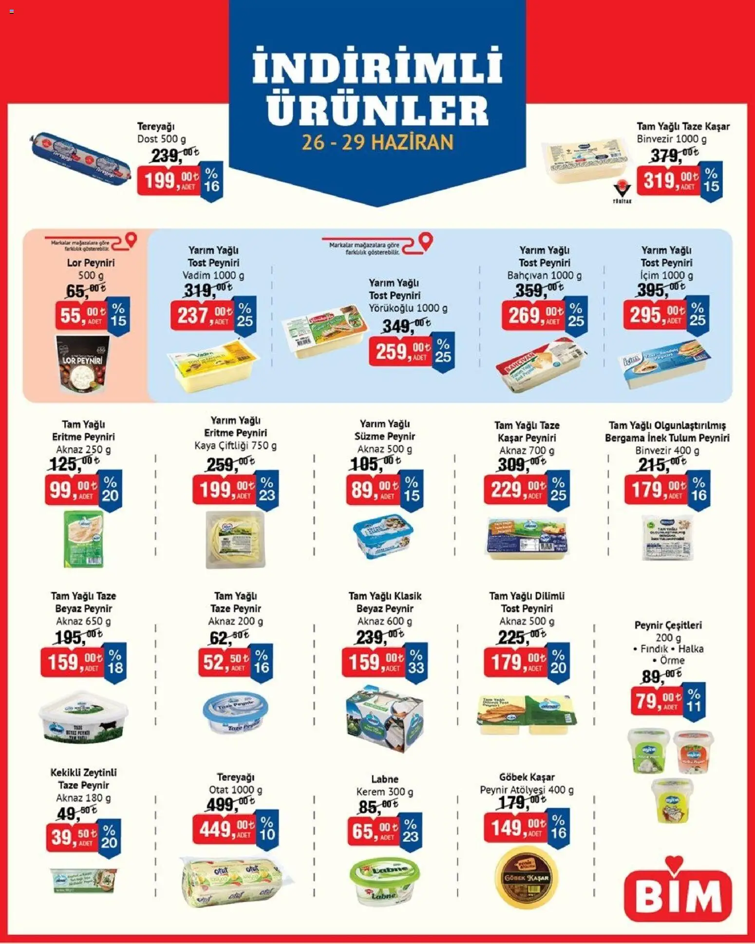 BİM - İndirimli Ürünler - 26 Haziran 2026 tarihinden itibaren geçerlidir | Sayfa: 1 | Ürünler: Peynir, Fındık, Tulum, Süzme peynir