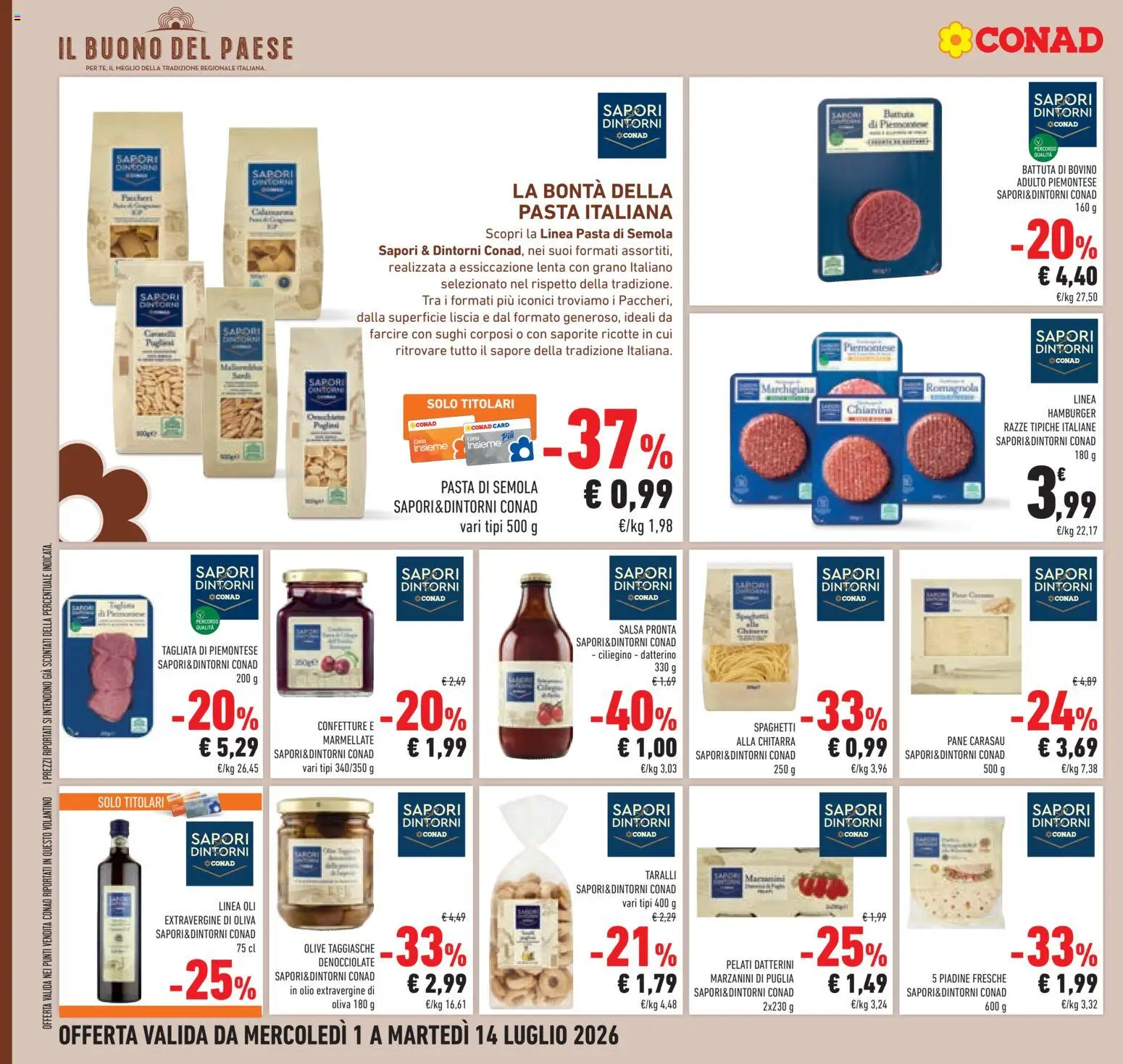 Volantino Conad del 01/07/2026 | Pagina: 8 | Prodotti: Bovino, Piadina, Taralli, Paccheri