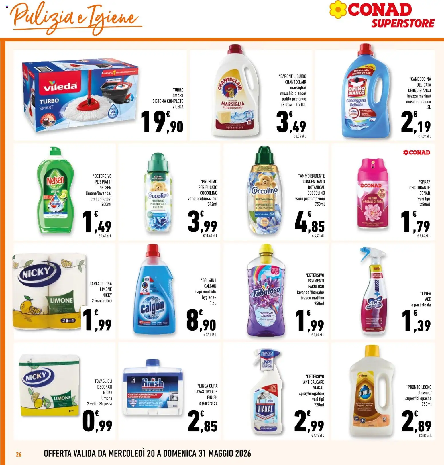 Volantino Conad del 20.05.2026 | Pagina: 26 | Prodotti: Sapone, Ammorbidente, Anticalcare, Limone