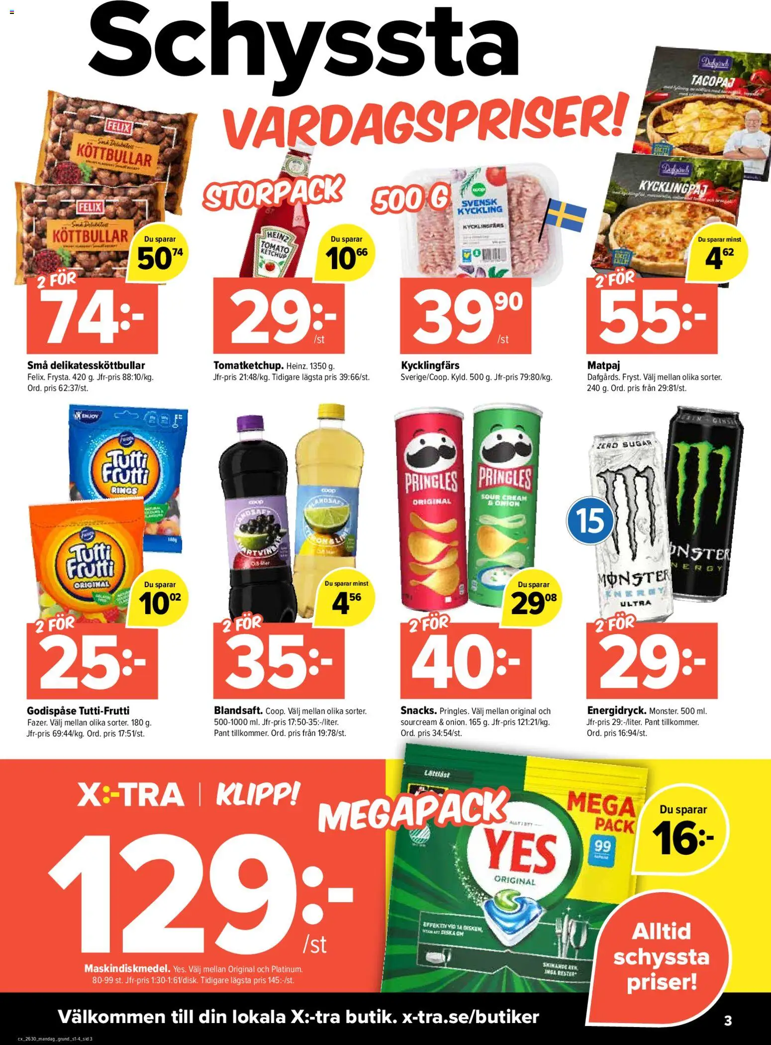 Coop X:-TRA reklamblad aktuell från 20/07/2026 | Sida: 3 | Produkter: Pringles, Köttbullar, Ketchup, Kyckling