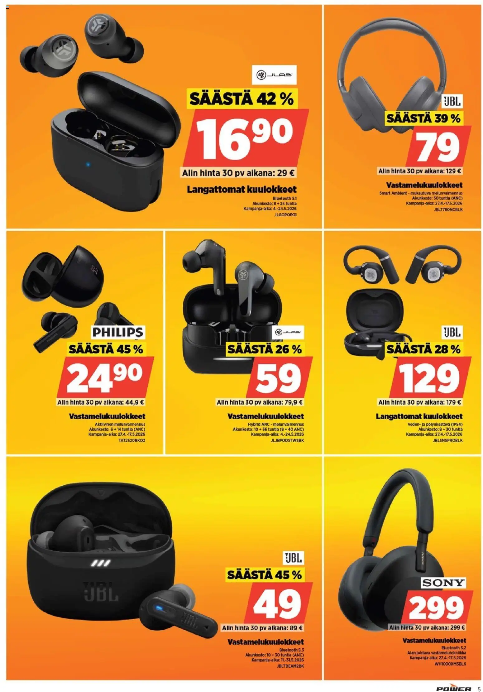 Power tarjoukset – voimassa 11.05.2026 alkaen | Sivu: 5 | Tuotteet: Vastamelukuulokkeet, Langattomat kuulokkeet, Kuulokkeet