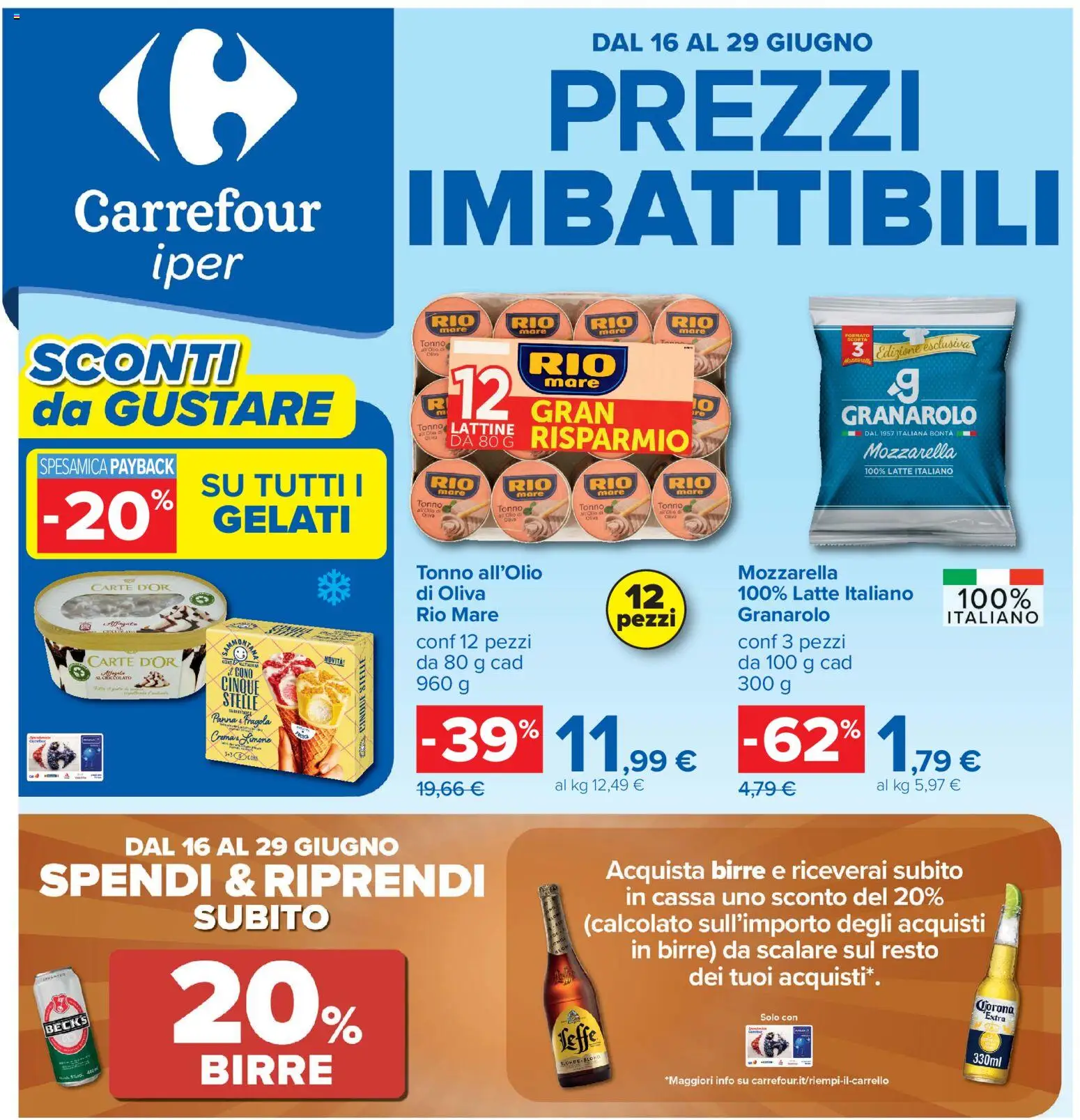 Volantino Carrefour del 16.06.2026 | Pagina: 1 | Prodotti: Cioccolato, Panna, Mozzarella, Limone