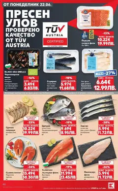 Преглед на Кауфланд брошура Враца - Вкусът идва от корена - Офертите са валидни от 22.06.2026 | Страница: 40 | Продукти: Риба, Maillots et débardeurs Athlétisme, Пангасиус, Скумрия