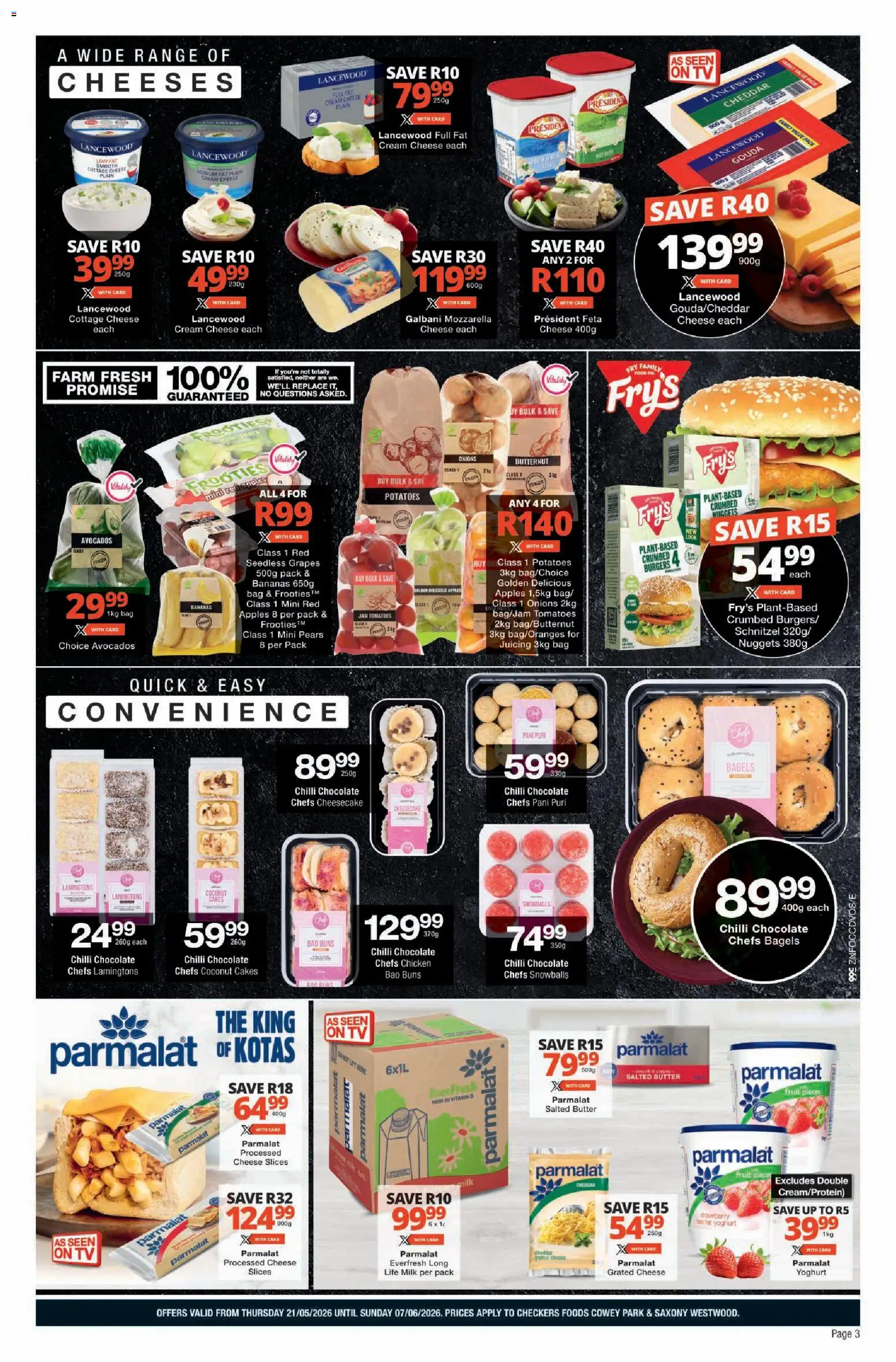 New Checkers catalogue – valid from 21.05.2026 | Page: 3 | Products: Bag, Chocolate, Chicken, Cream