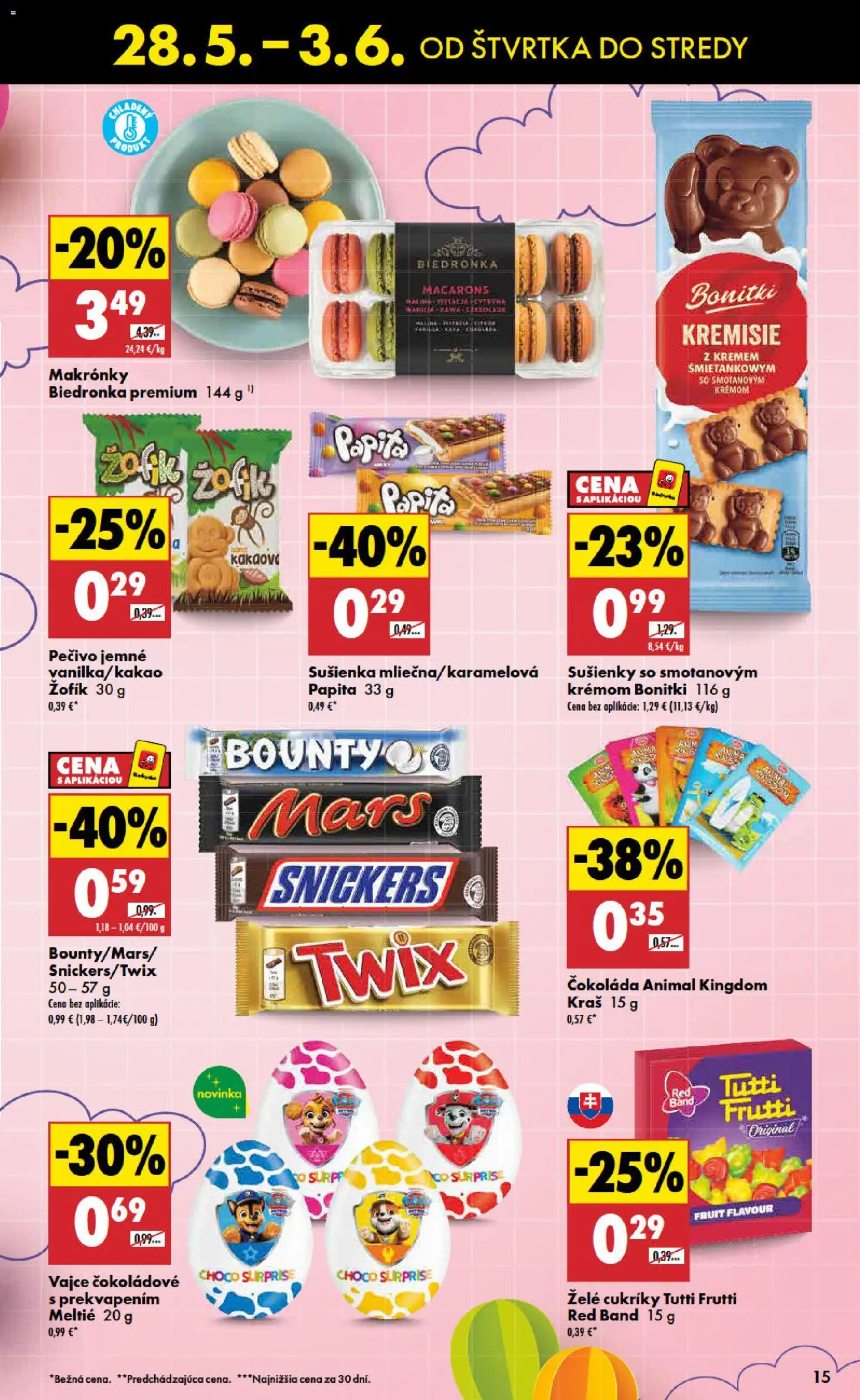 Nové Biedronka akcie – leták je platný od 28.05.2026 | Strana: 15 | Produkty: Makronky, Čokoláda, Cukríky
