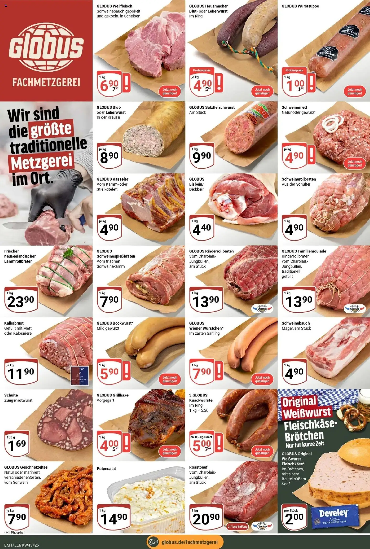 Globus Prospekt Mittelhausen (ab 19.10.2026) » Angebote online | Seite: 8 | Produkte: Schweinebauch, Weißwurst, Roastbeef, Schulter