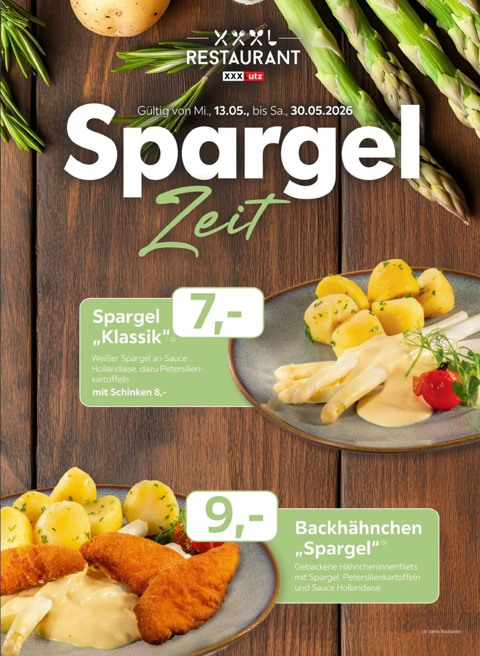 XXXLutz Restaurantgutscheine – gültig ab 09.05.2026 | Seite: 1 | Produkte: Spargel, Kartoffeln, Schinken
