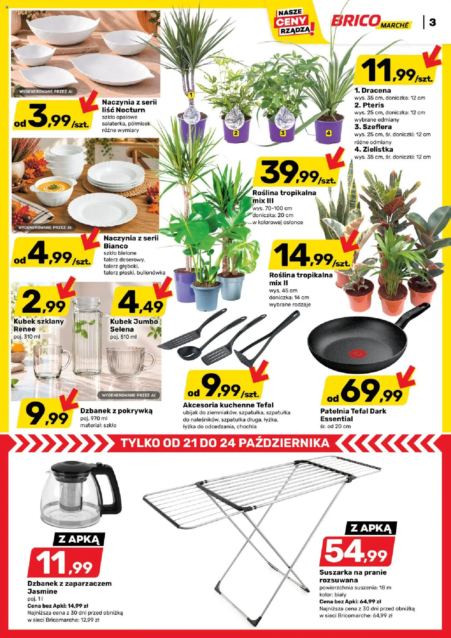 Brico Marché gazetka od 21.10.2026 | Strona: 3 | Produkty: Patelnia tefal, Suszarka na pranie, Dzbanek, Suszarka