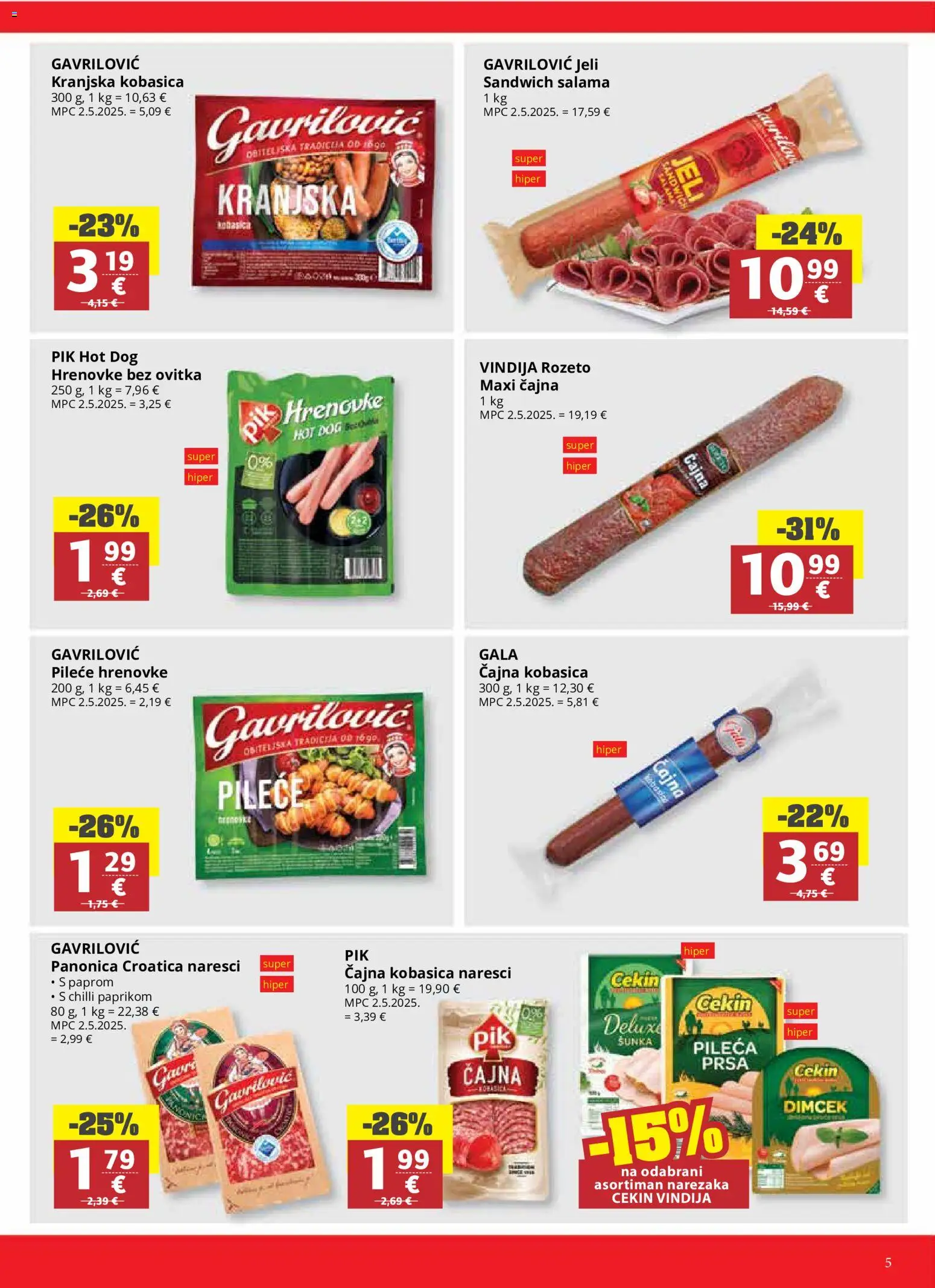 Ribola katalog | vrijedi od 14.10.2026 | Stranica: 5 | Proizvodi: Vindija, Sandwich, Kranjska kobasica, Čajna kobasica