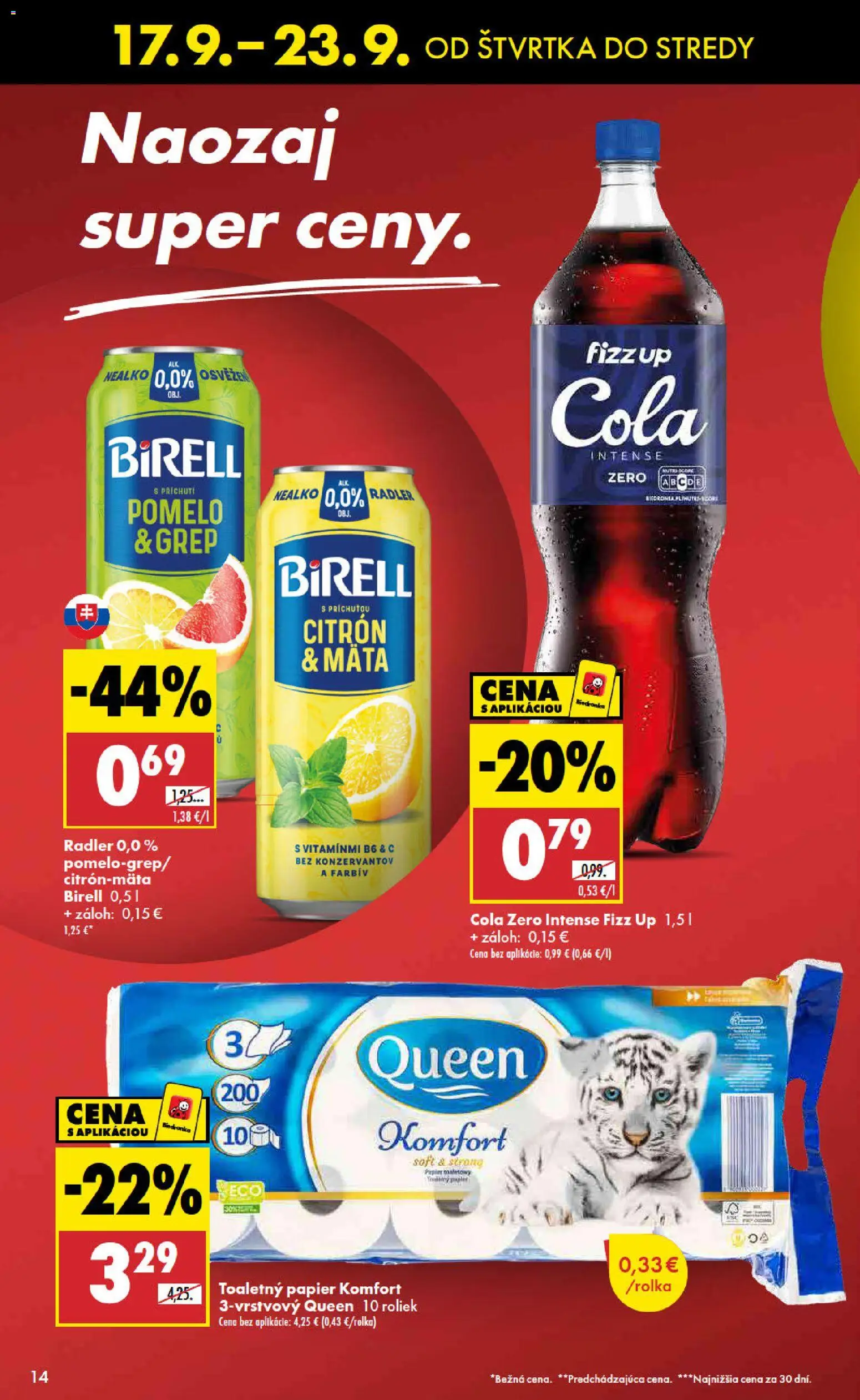 Nové Biedronka akcie – leták je platný od 17.09.2026 | Strana: 14 | Produkty: Radler, Toaletný papier, Grep, Cola