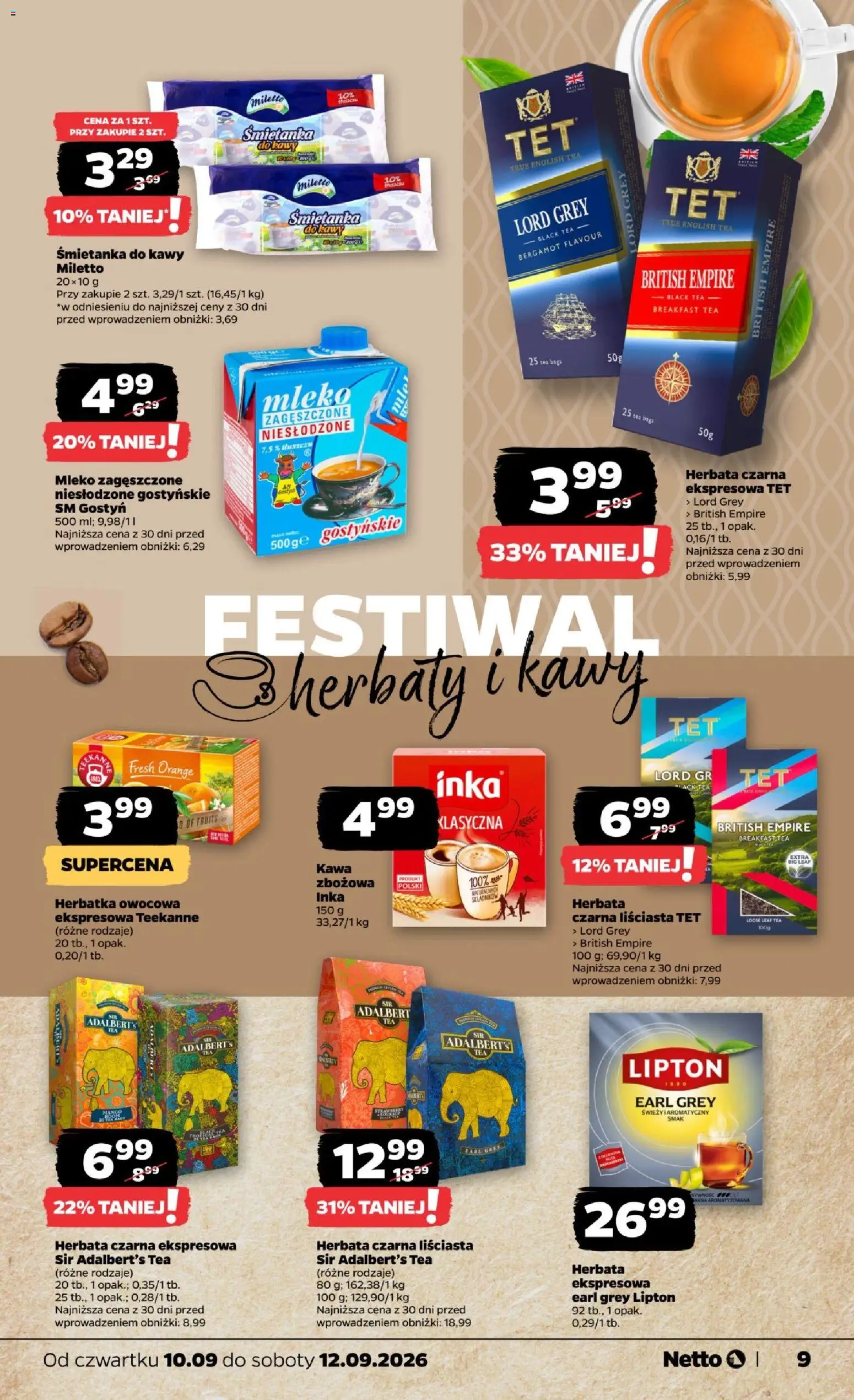 Netto gazetka od czwartku od 10.09.2026 | Strona: 9 | Produkty: Herbata czarna, Kawa zbożowa, Śmietanka do kawy, Herbata