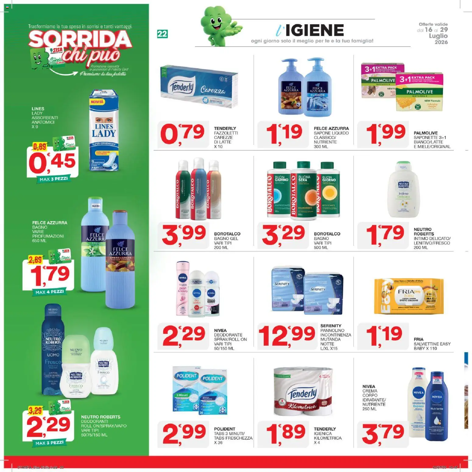 Volantino SISA del 16/07/2026 | Pagina: 22 | Prodotti: Crema, Sapone, Fazzoletti, Latte