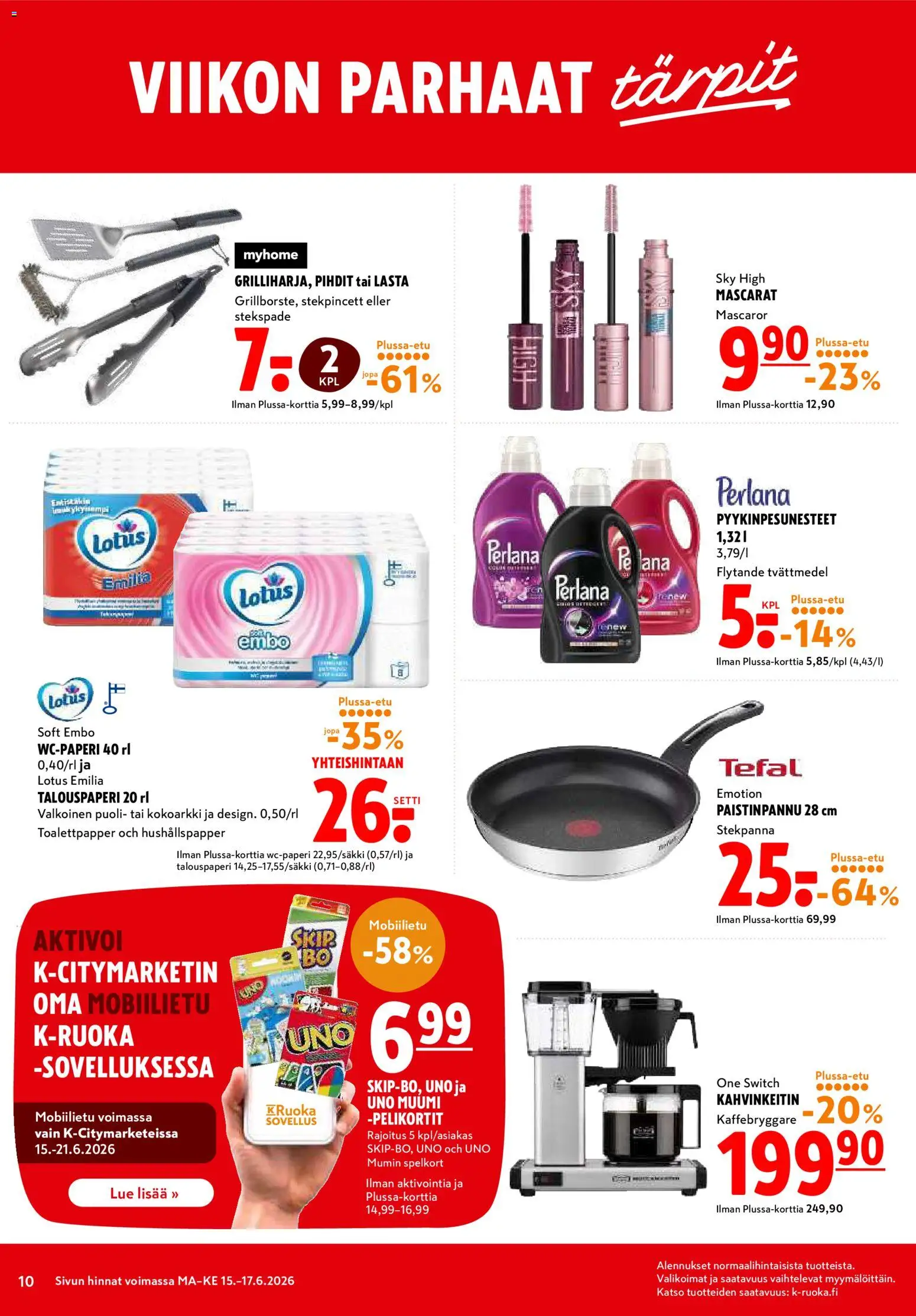 K-Citymarket tarjoukset – voimassa 15.06.2026 alkaen | Sivu: 10 | Tuotteet: Kahvinkeitin, Paistinpannu, Pelikortit