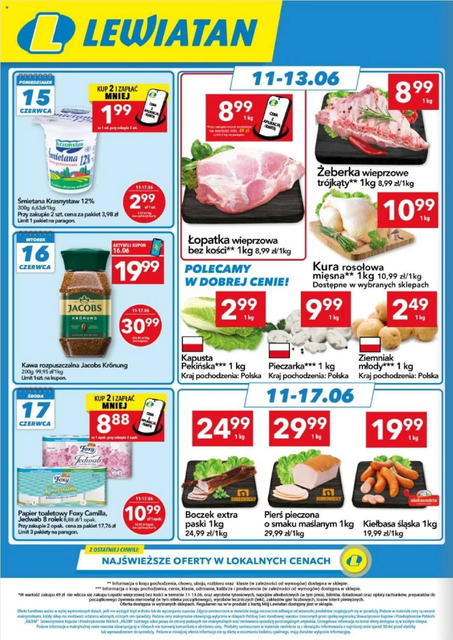 Lewiatan gazetka - Lublin od 11.06.2026 | Strona: 2 | Produkty: Kapusta, Karta, Kawa rozpuszczalna Jacobs Kronung, Łopatka wieprzowa