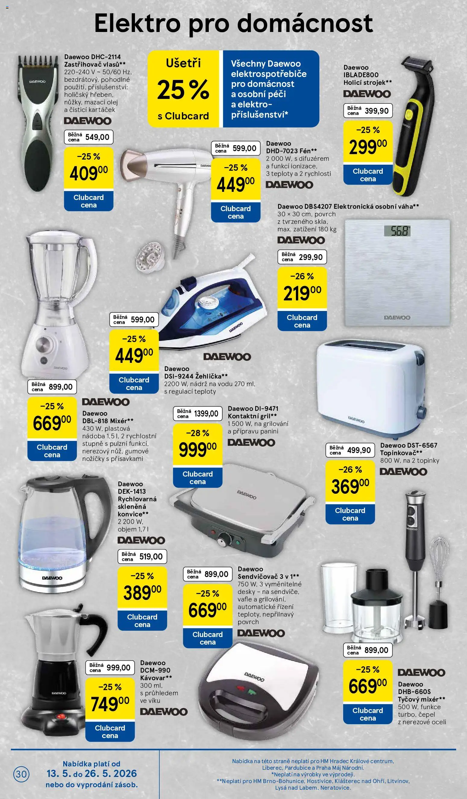 Tesco leták - Hypermarket od 13.05.2026 | Strana: 30 | Produkty: Kontaktní gril, Konvice, Holicí strojek, Topinkovač