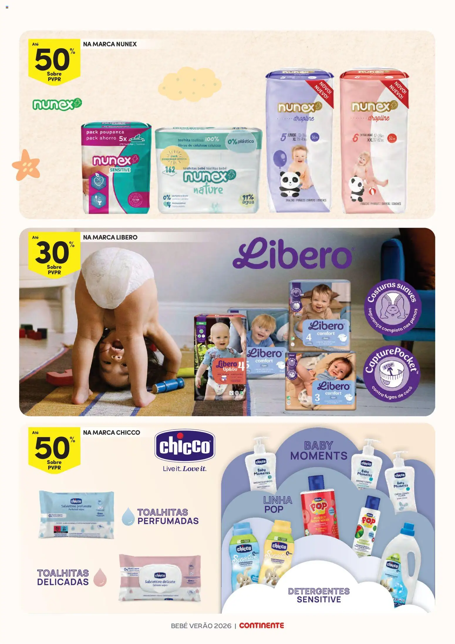 Continente Bebé Verão │ válido de 30/06/2026 | Página: 16 | Produtos: Agua, Fraldas, Shampoo