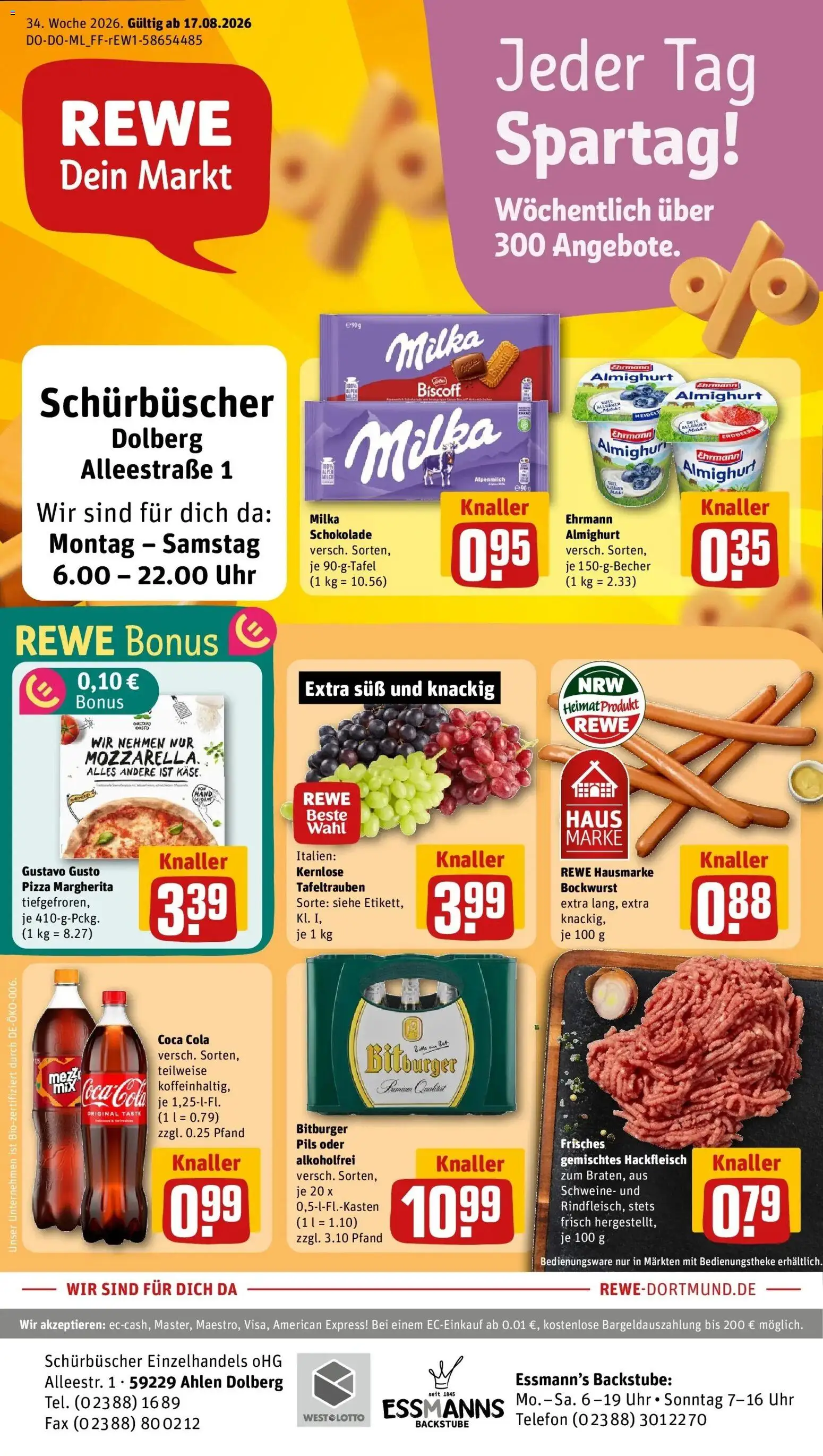 REWE Prospekt ab 17.08.2026 zum Blättern » Angebote | Seite: 1 | Produkte: Bockwurst, Coca cola, Schokolade, Telefon