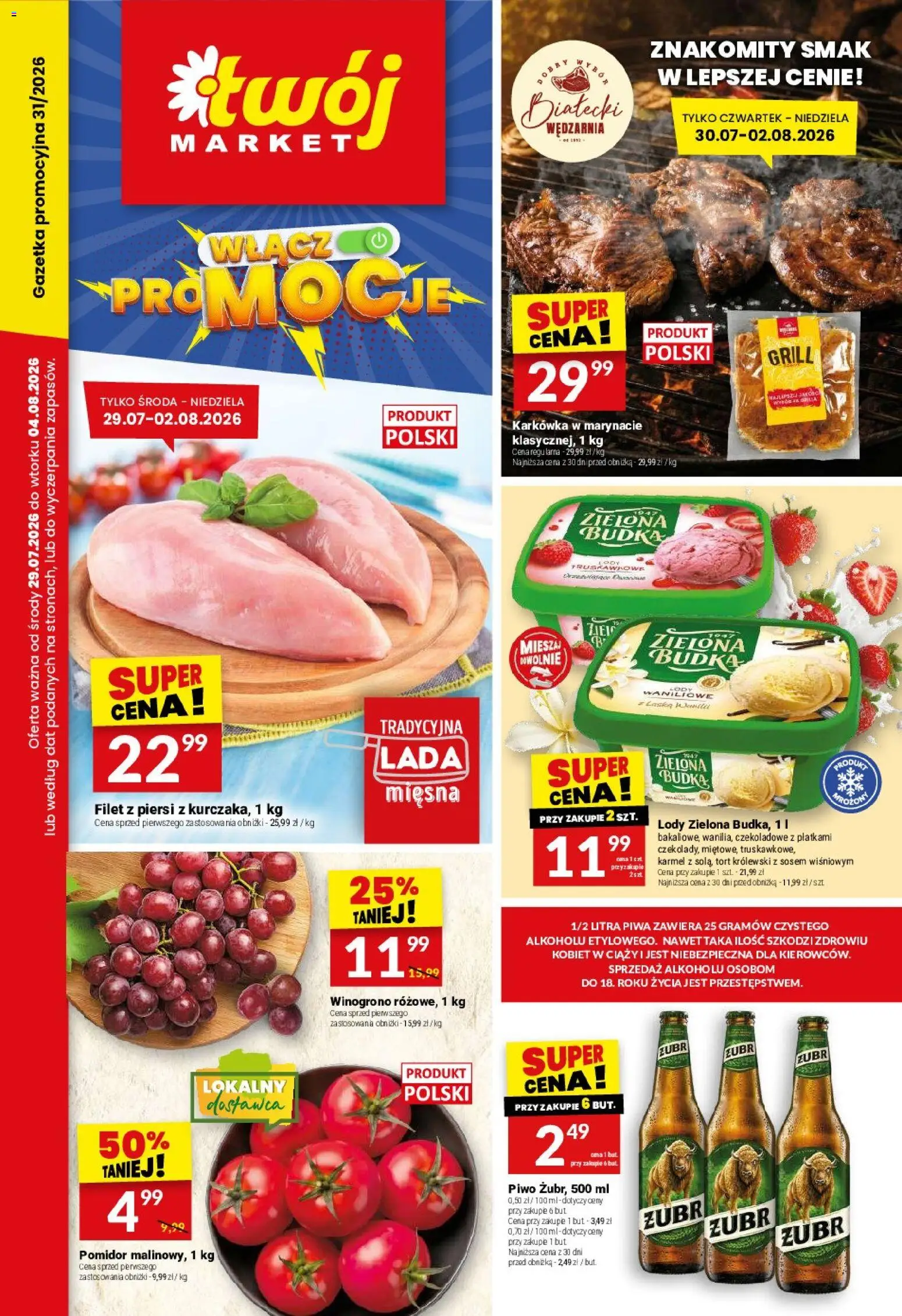 Twój Market gazetka od 29.07.2026 | Strona: 1 | Produkty: Winogrono, Karkówka, Grill, Tort
