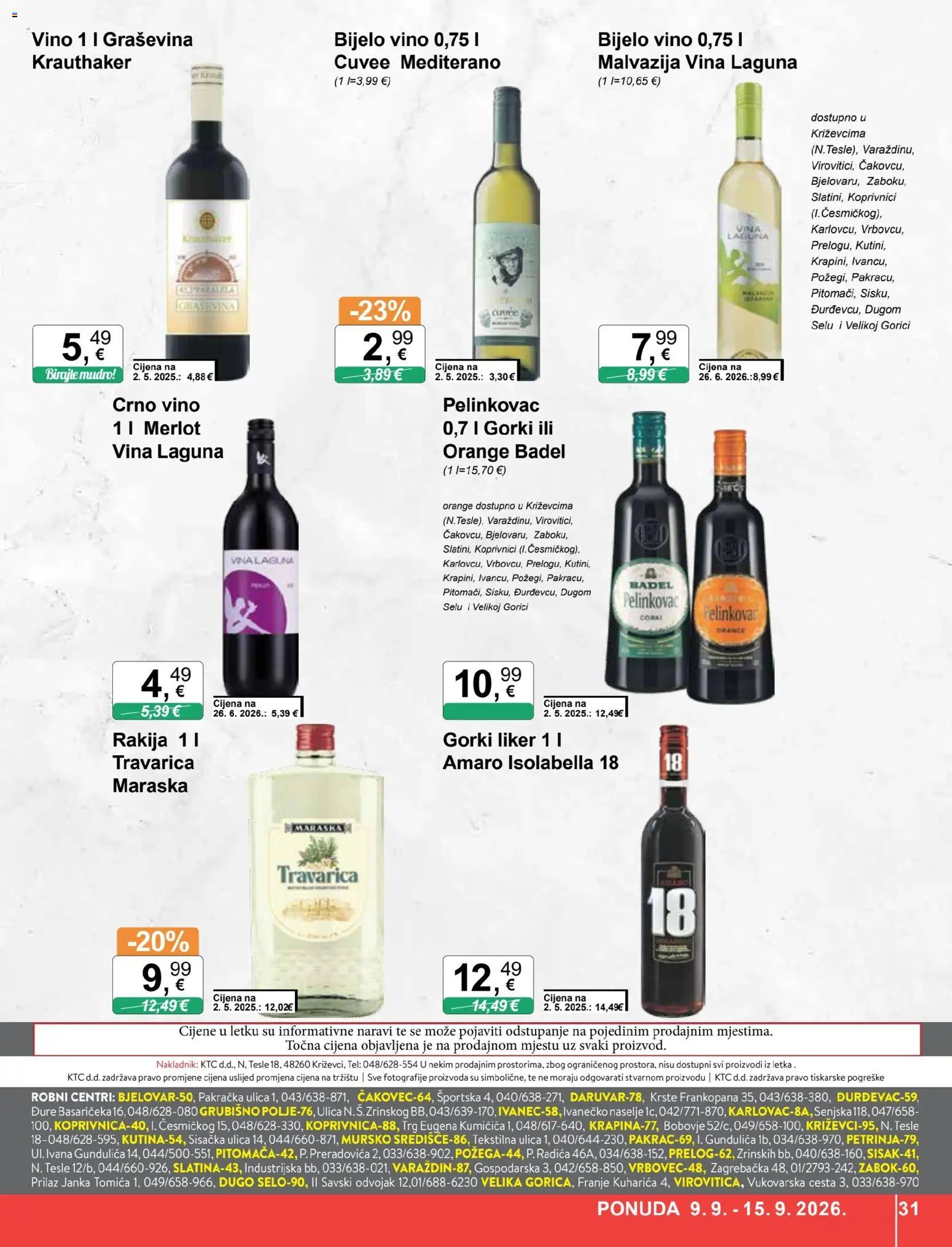 KTC katalog | vrijedi od 09.09.2026 | Stranica: 31 | Proizvodi: Travarica, Bijelo vino, Vino, Liker