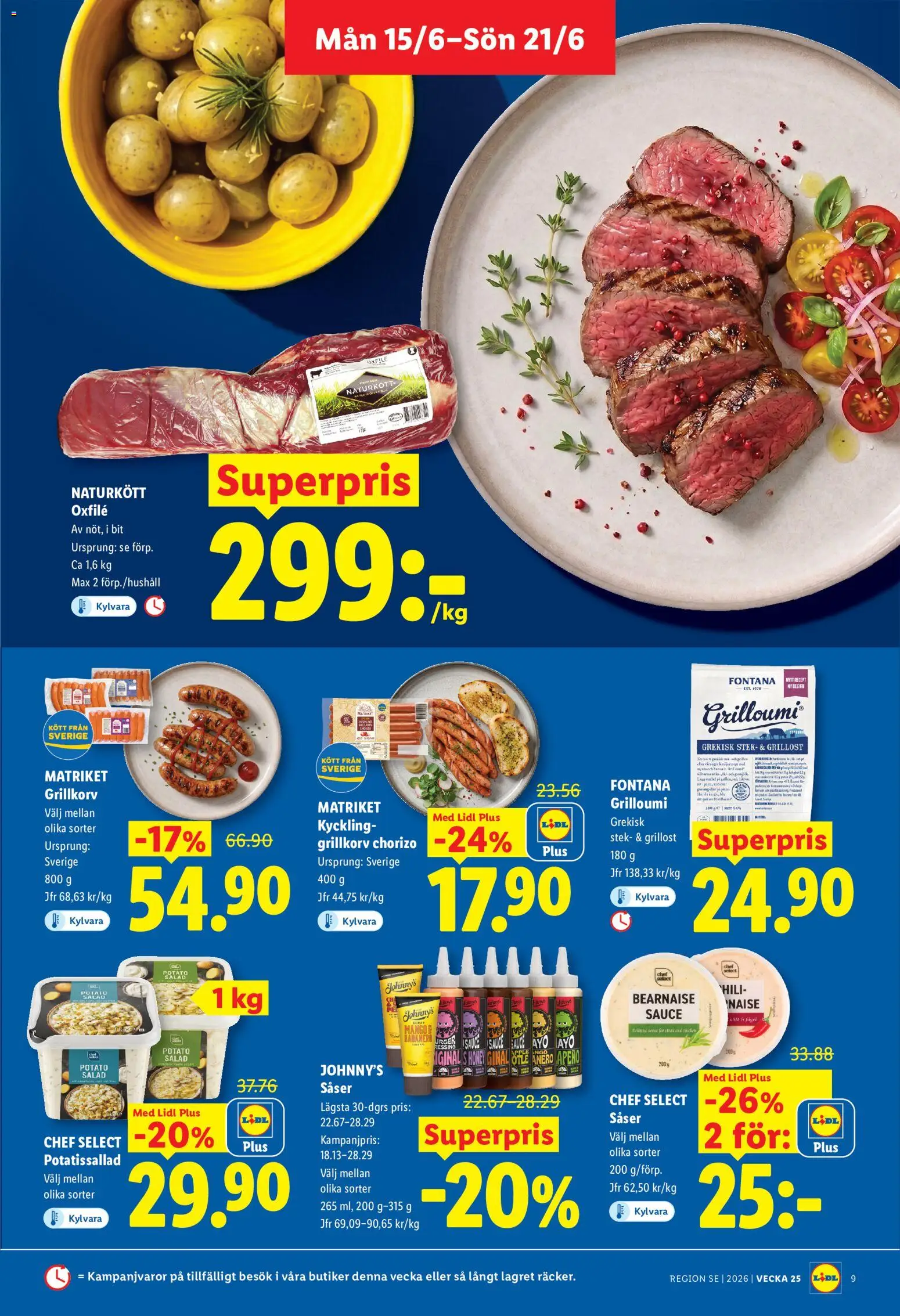 Lidl reklamblad aktuell från 15.06.2026 | Sida: 9 | Produkter: Grillost, Grillkorv, Oxfilé, Chorizo