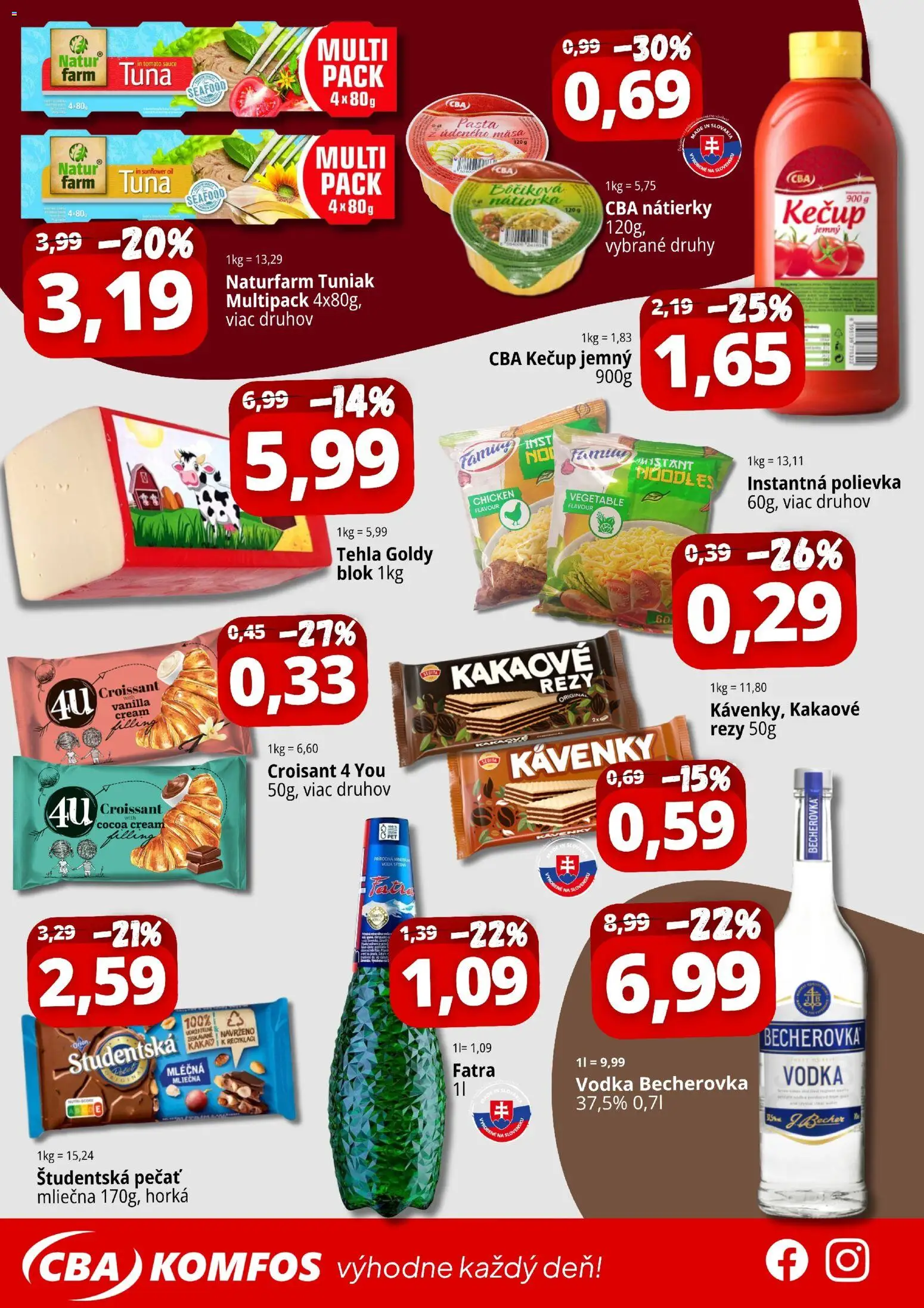 Nové CBA Komfos akcie – leták je platný od 22.05.2026 | Strana: 2 | Produkty: Becherovka, Tuniak, Kečup, Fatra