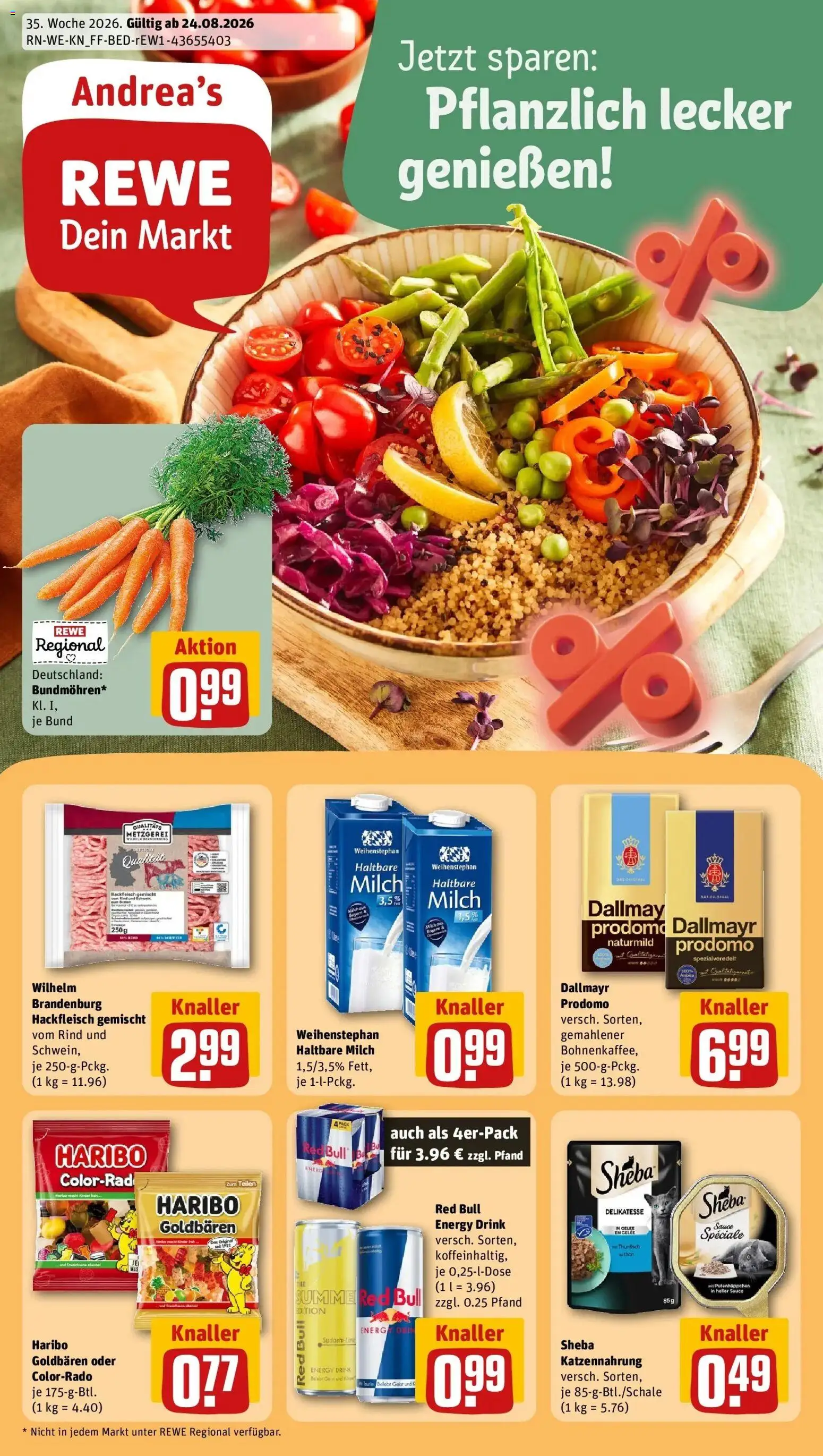 REWE Prospekt ab 24.08.2026 zum Blättern » Angebote | Seite: 1 | Produkte: Red bull, Milch, Energy, Thunfisch