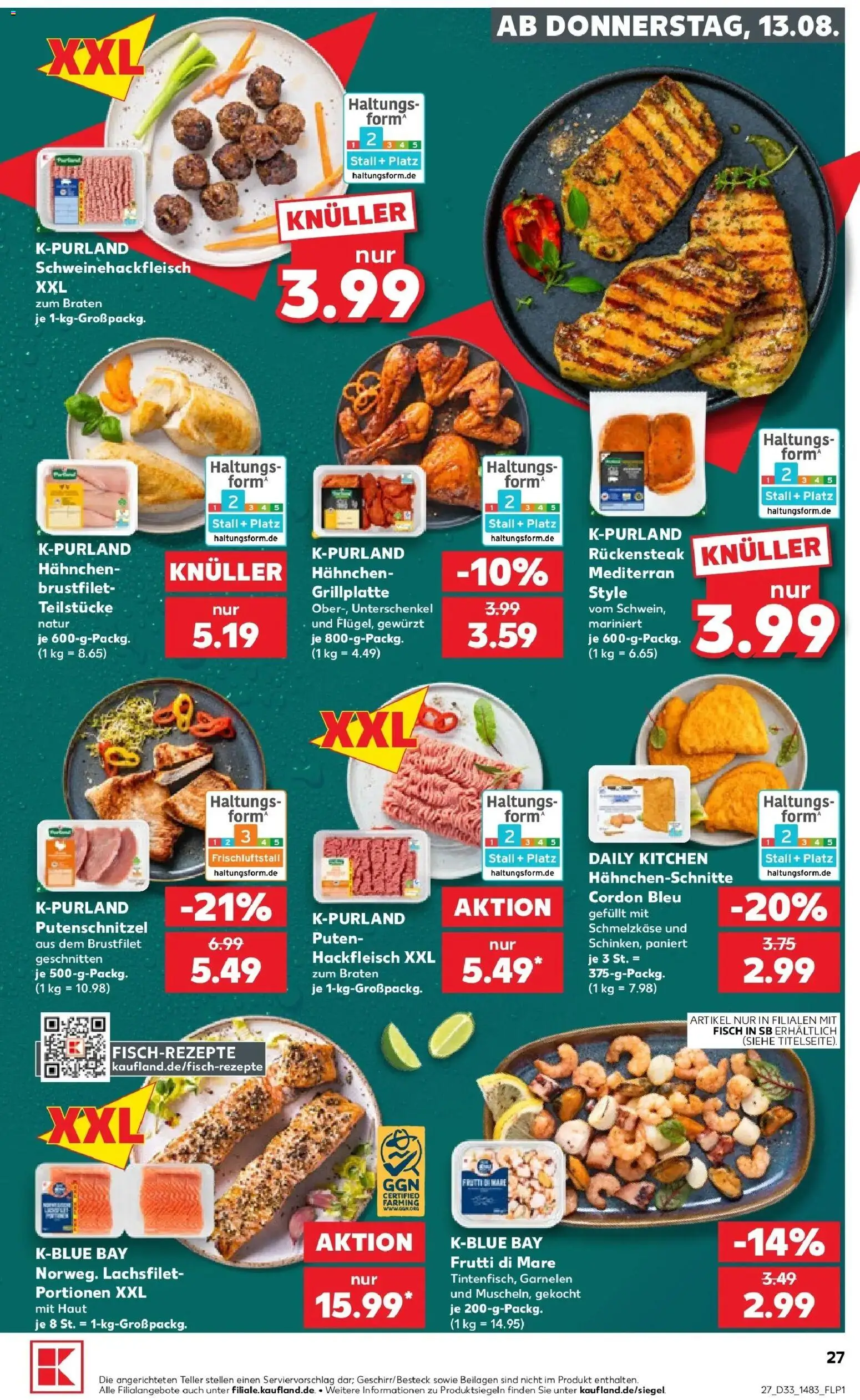 Prospekt Kaufland ab 10.08.2026 » Angebote Online zum Blättern | Seite: 36 | Produkte: Hahnchen, Fisch, Putenschnitzel, Hackfleisch