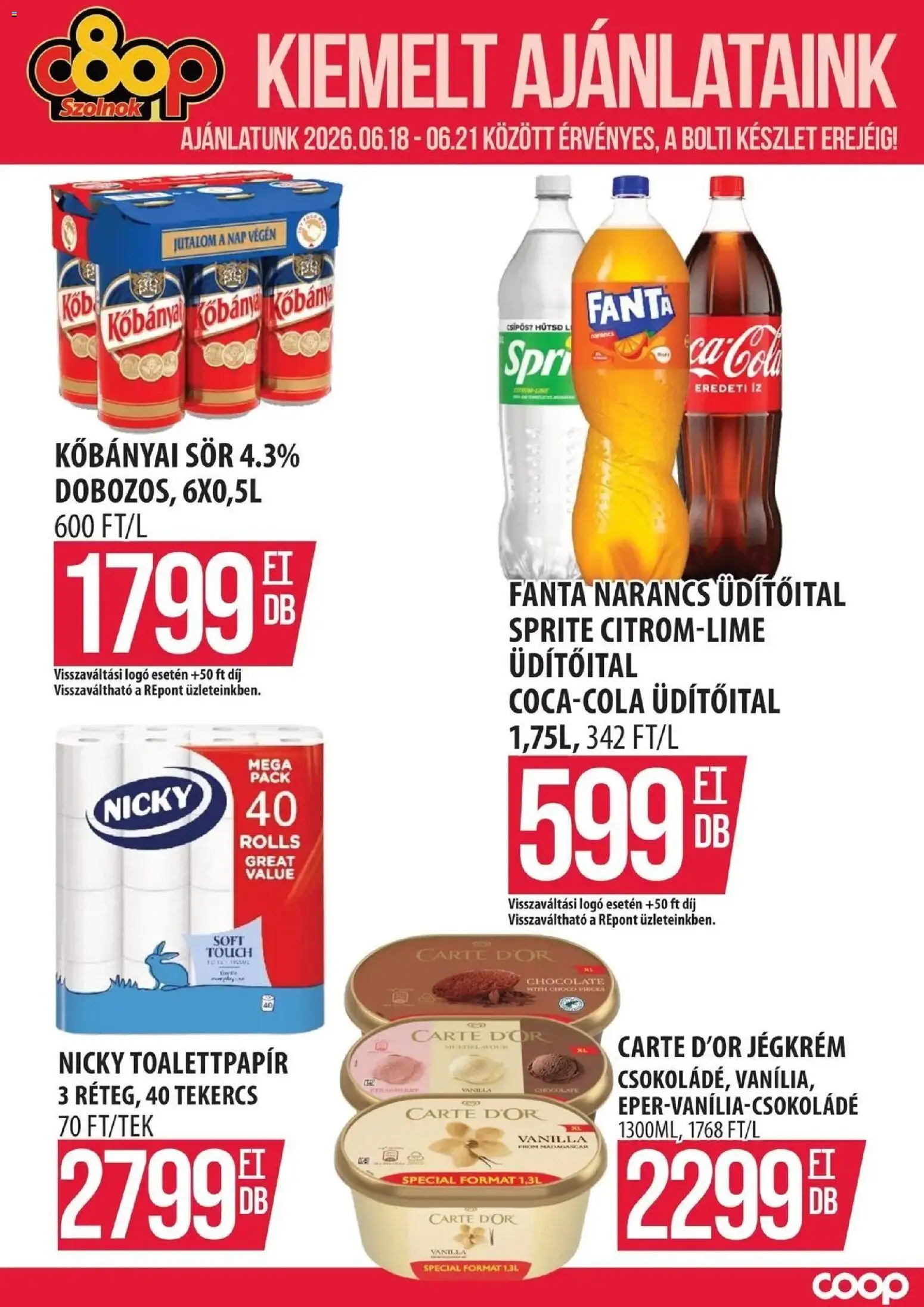 COOP Szolnok akciós ujság - amely érvényes a következő dátumtól: 18.06.2026 | Oldal: 1 | Termékek: Kisela pavlaka, Fanta, Sör, Jégkrém