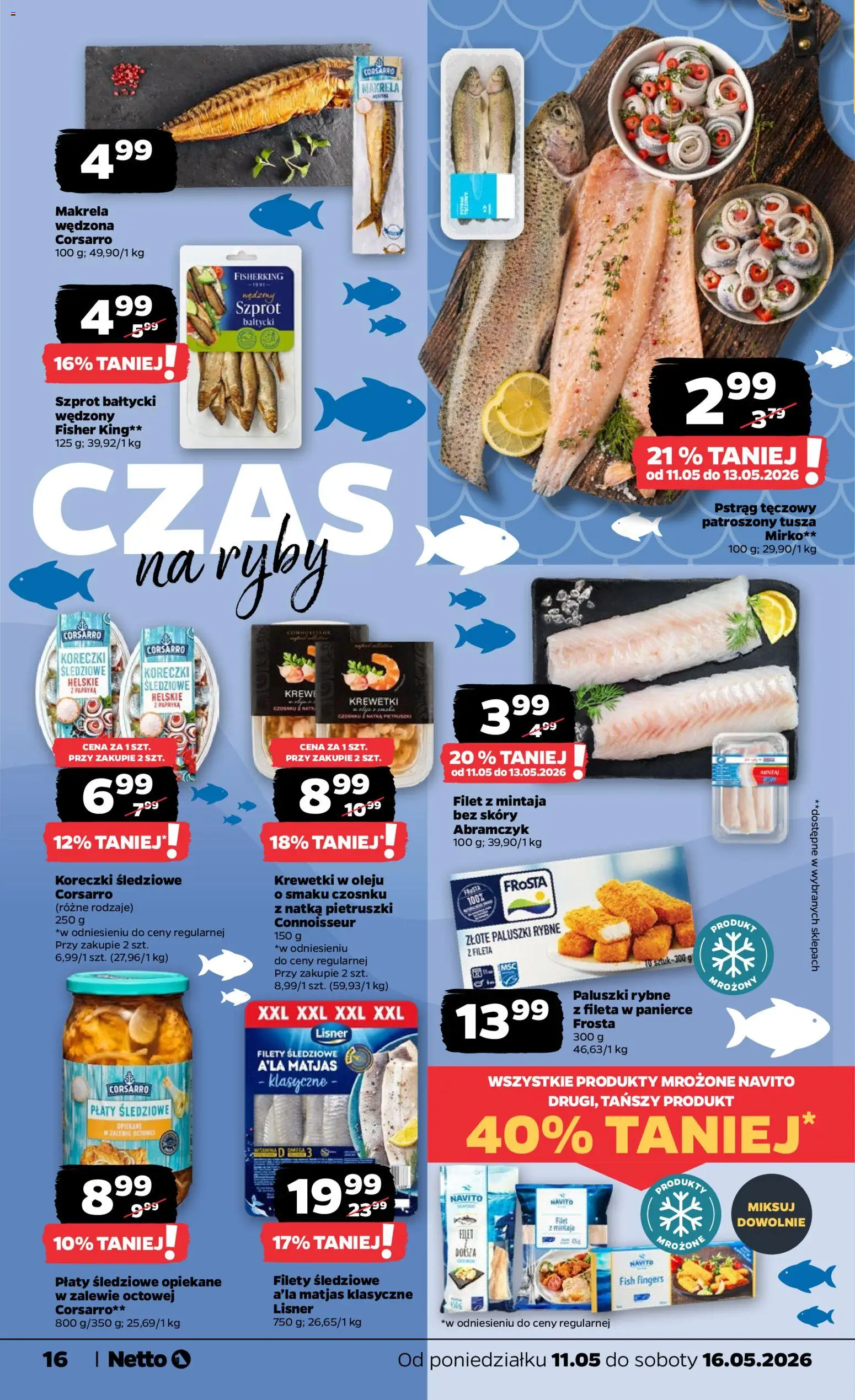 Netto gazetka od poniedziałku spożywcza od 11.05.2026 | Strona: 16 | Produkty: Krewetki, Makrela wędzona, Pstrąg, Paluszki rybne