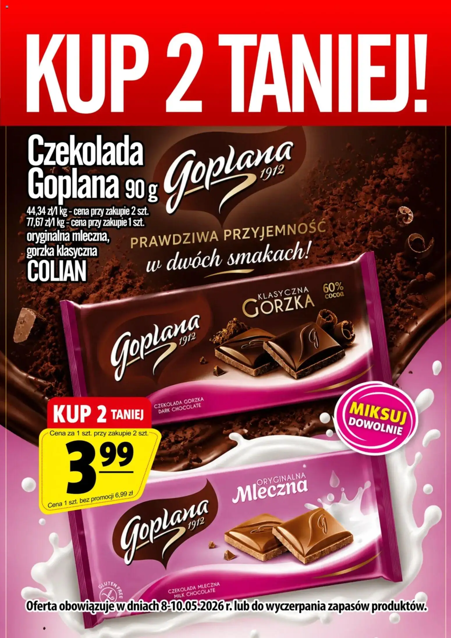Prim Market promocja - Czekolada Goplana od 08.05.2026 | Strona: 1 | Produkty: Czekolada mleczna, Czekolada gorzka, Czekolada