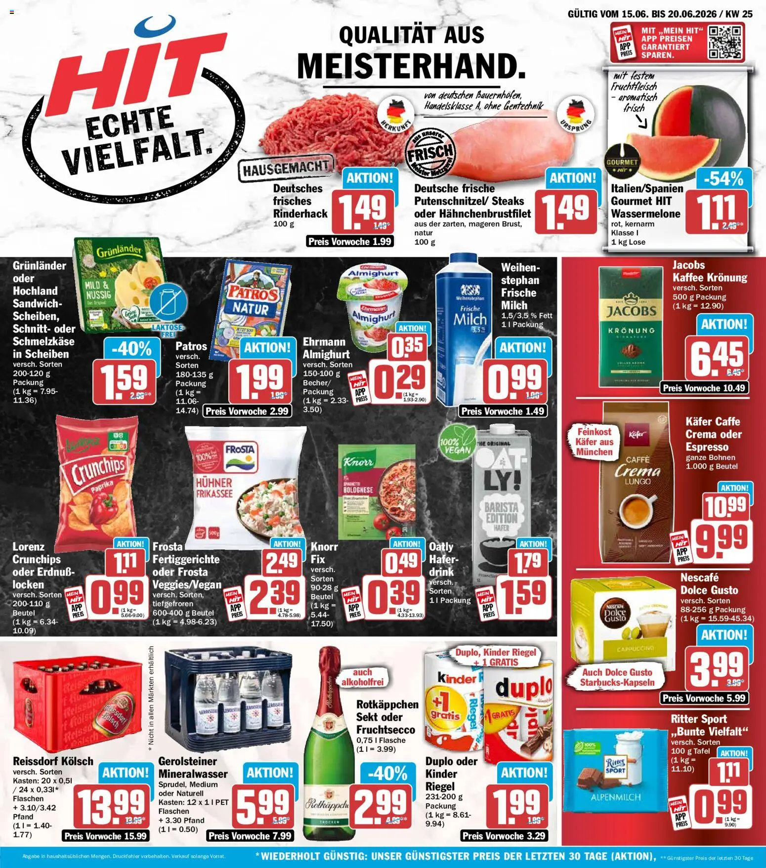 HIT Prospekt – gültig ab 15.06.2026 | Seite: 1 | Produkte: Kinder riegel, Grunlander, Rotkäppchen, Gerolsteiner