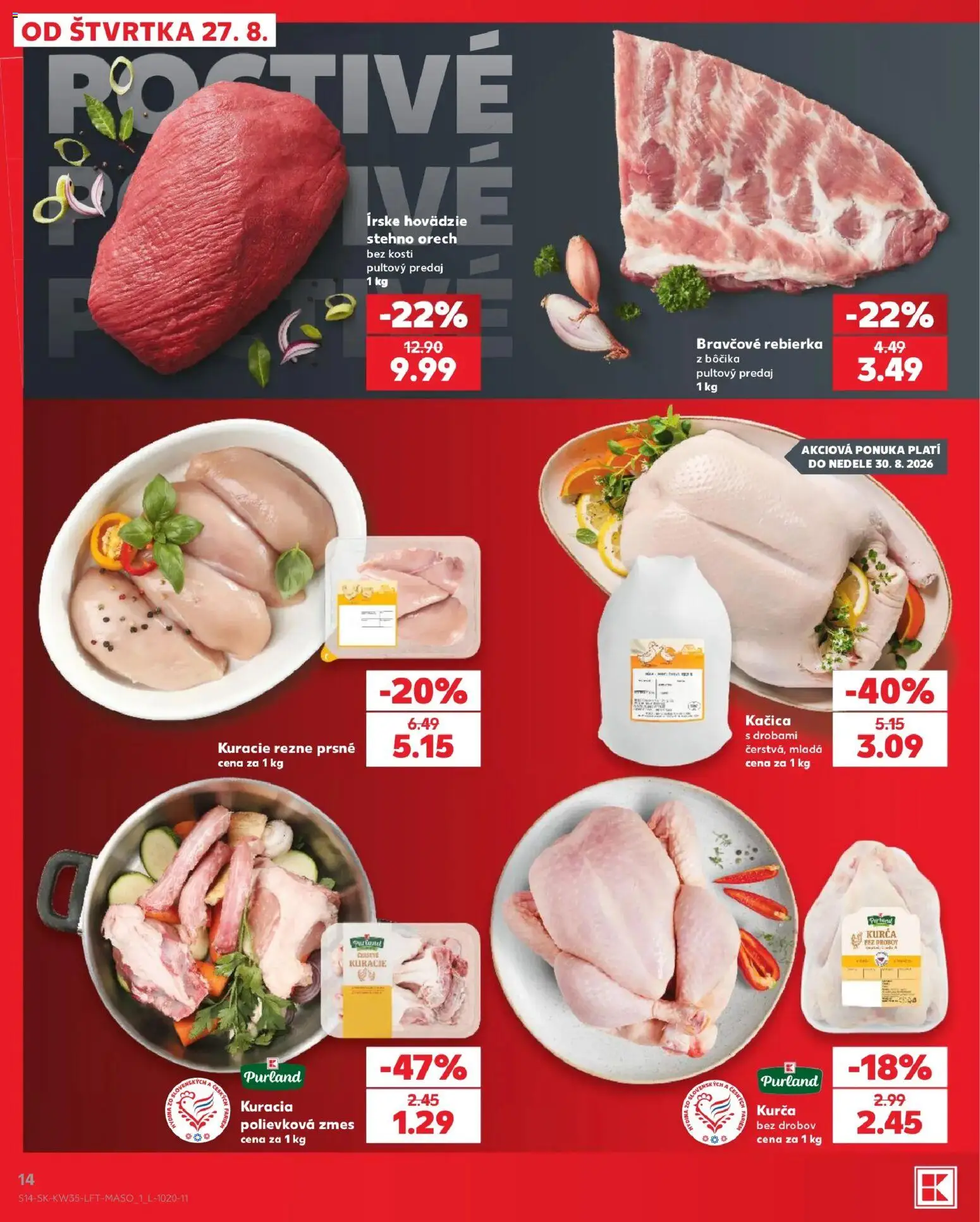 Nové Kaufland akcie – leták je platný od 27.08.2026 | Strana: 14 | Produkty: Kačica, Kurča, Rezne, Hovädzie stehno