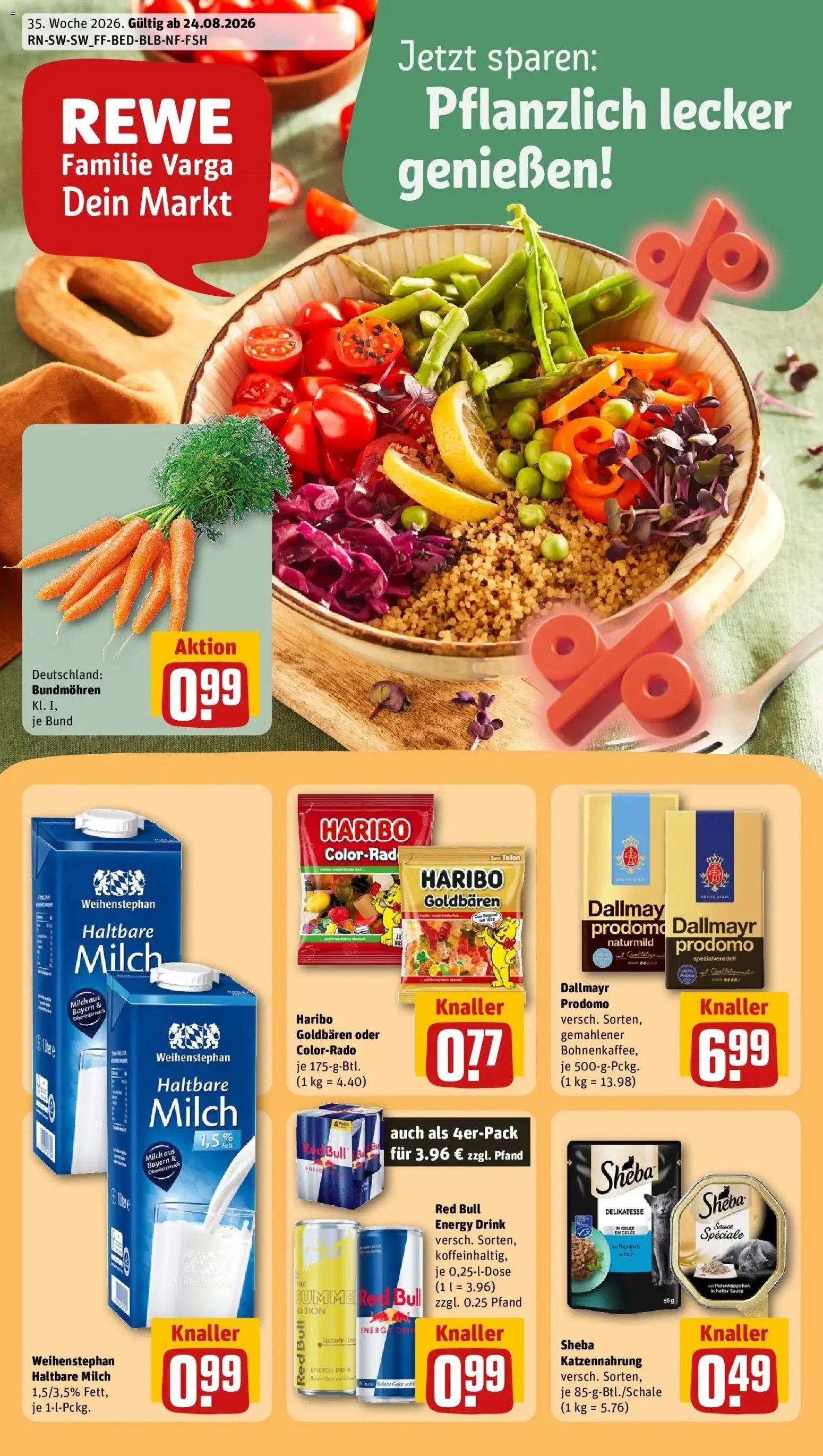 REWE Prospekt ab 24.08.2026 zum Blättern » Angebote | Seite: 1 | Produkte: Red bull, Haribo, Thunfisch, Haltbare milch