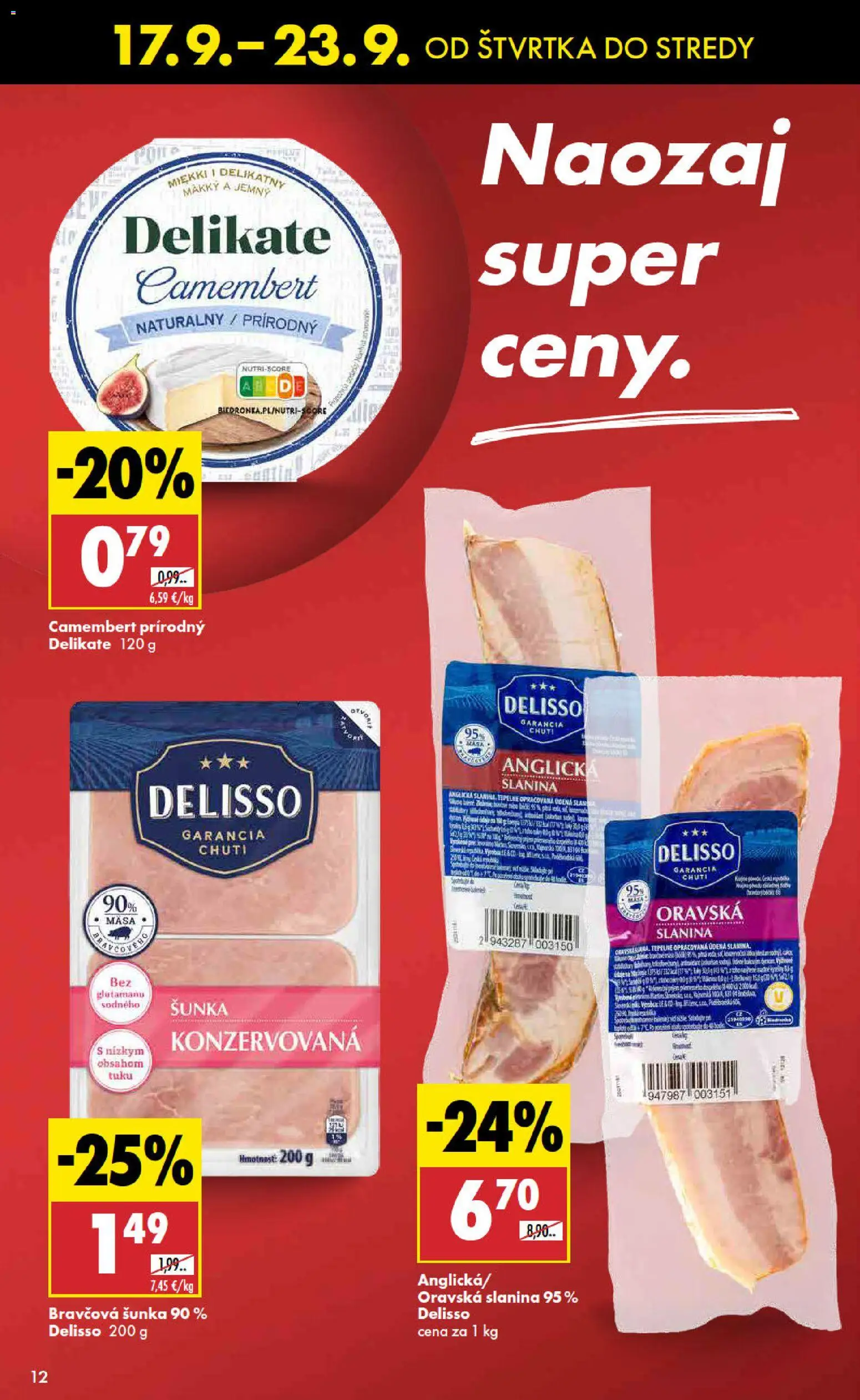 Nové Biedronka akcie – leták je platný od 17.09.2026 | Strana: 12 | Produkty: Šunka, Slanina, Anglická slanina, Camembert