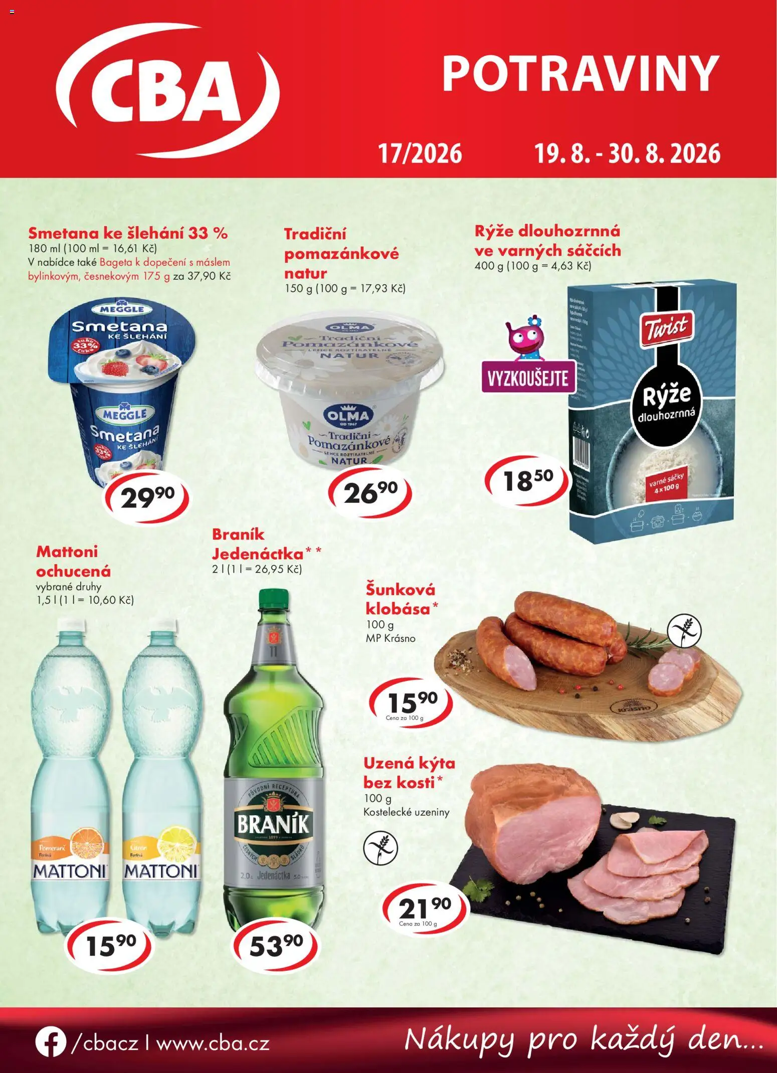 CBA leták od 19.08.2026 | Strana: 1 | Produkty: Mattoni, Rýže, Uzeniny, Braník