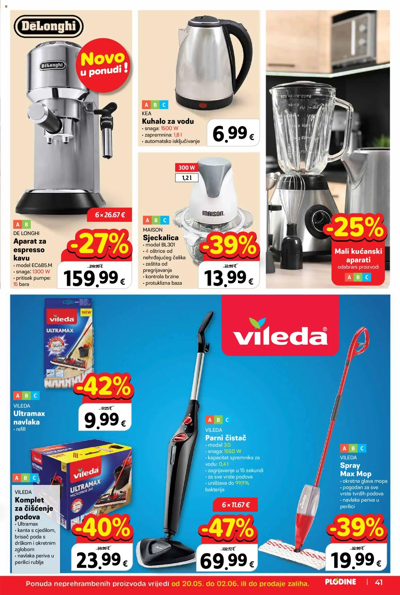 Plodine katalog | vrijedi od 20.05.2026 | Stranica: 43 | Proizvodi: Kuhalo za vodu, Mop, Parni čistač, Vileda
