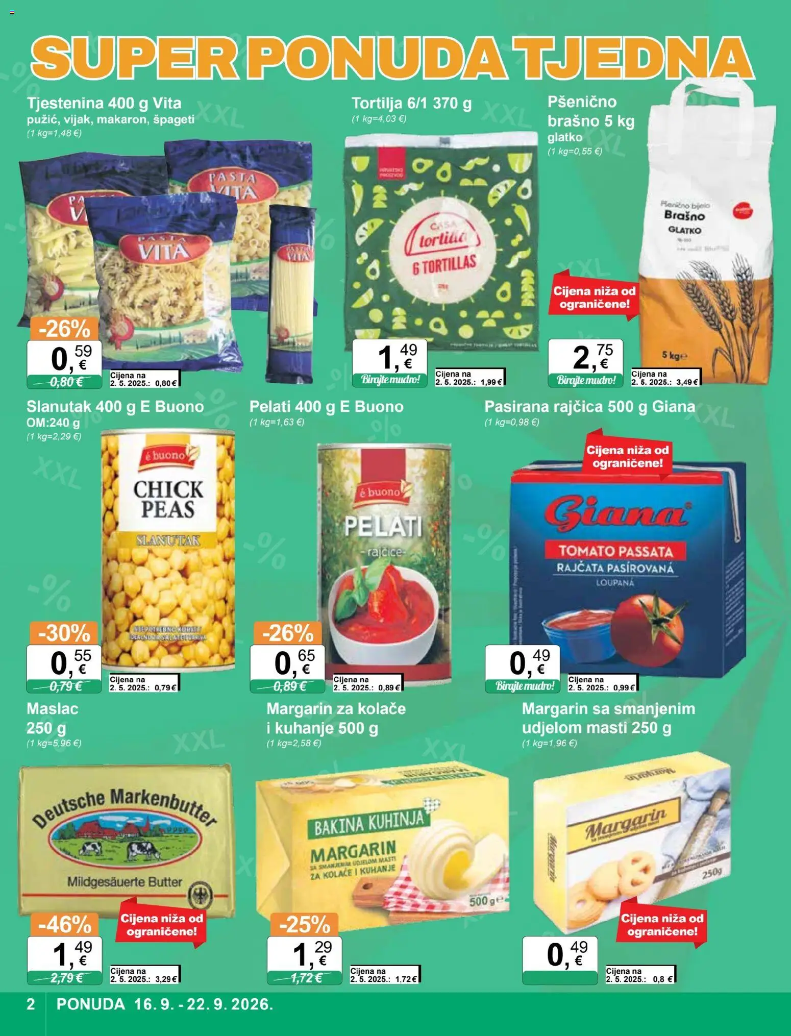 KTC katalog | vrijedi od 16.09.2026 | Stranica: 2 | Proizvodi: Maslac, Pasirana rajčica, Tjestenina, Brašno