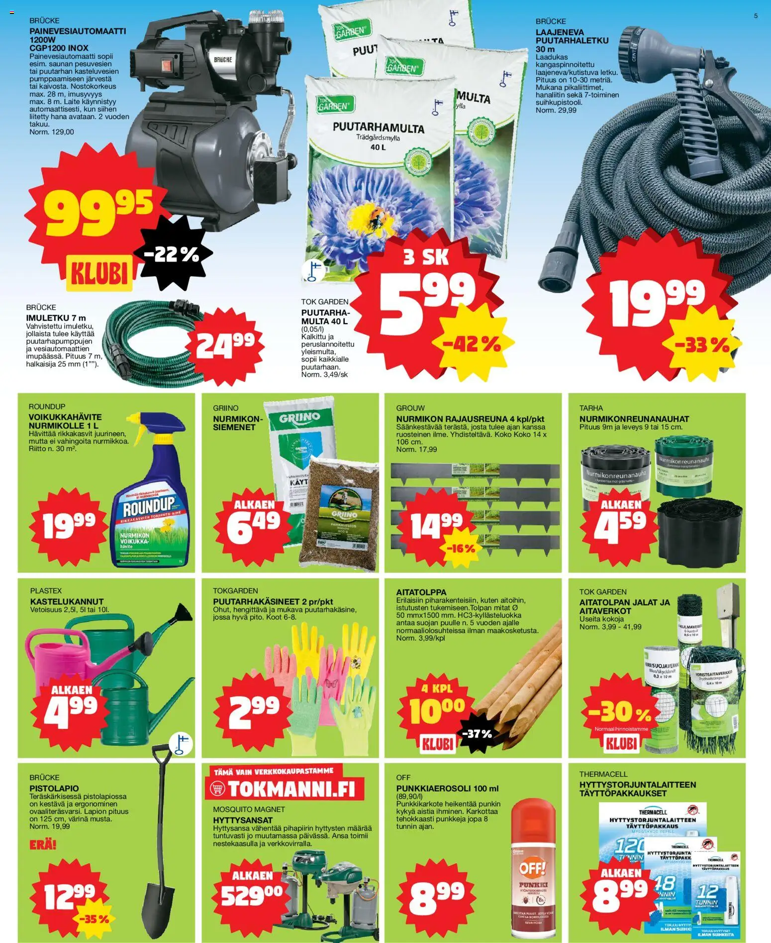 Tokmanni tarjoukset – voimassa 18.05.2026 alkaen | Sivu: 5 | Tuotteet: Puutarhaletku, Multa, Siemenet