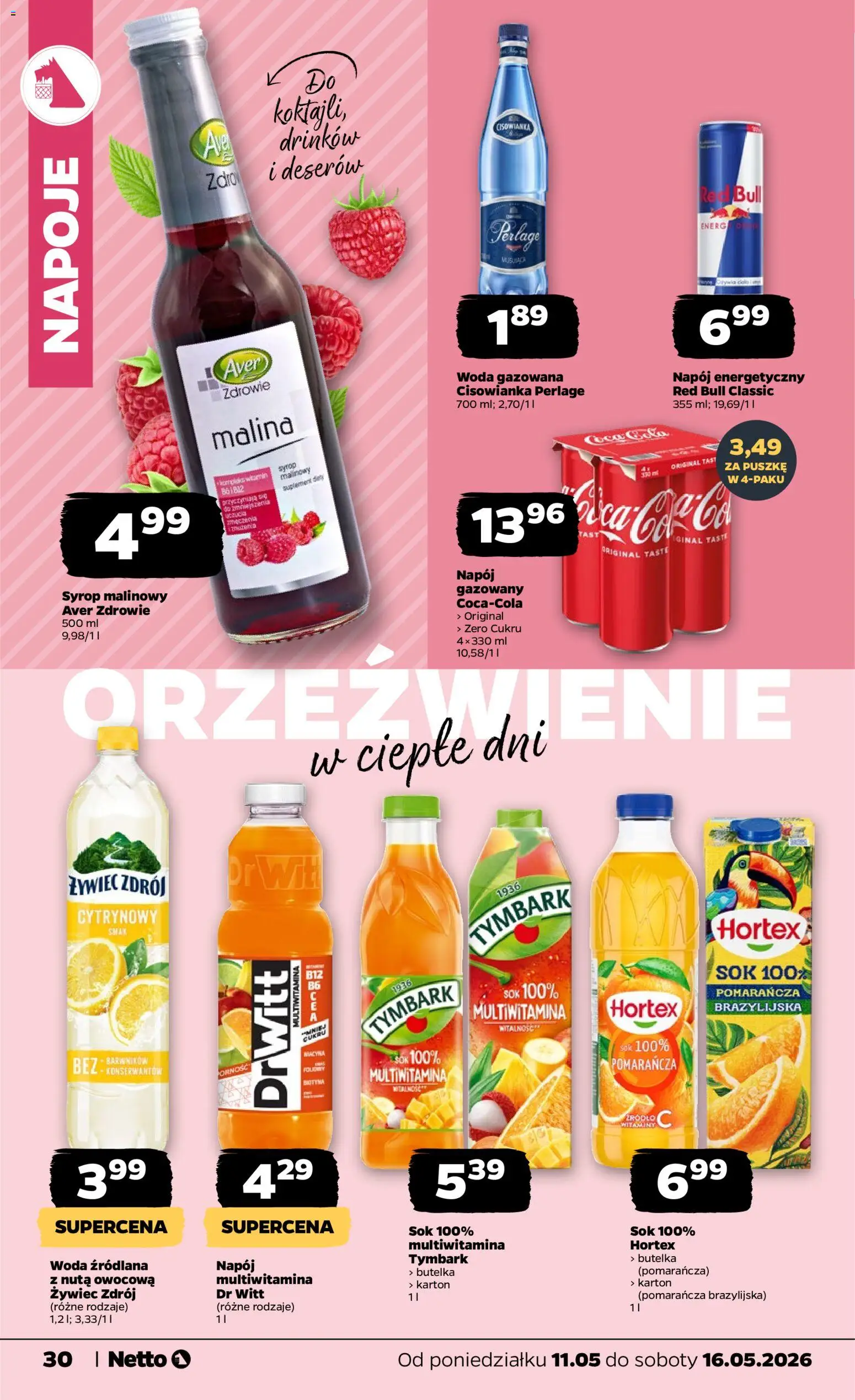 Netto gazetka od poniedziałku spożywcza od 11.05.2026 | Strona: 30 | Produkty: Malina, Syrop malinowy, Red bull, Napoje