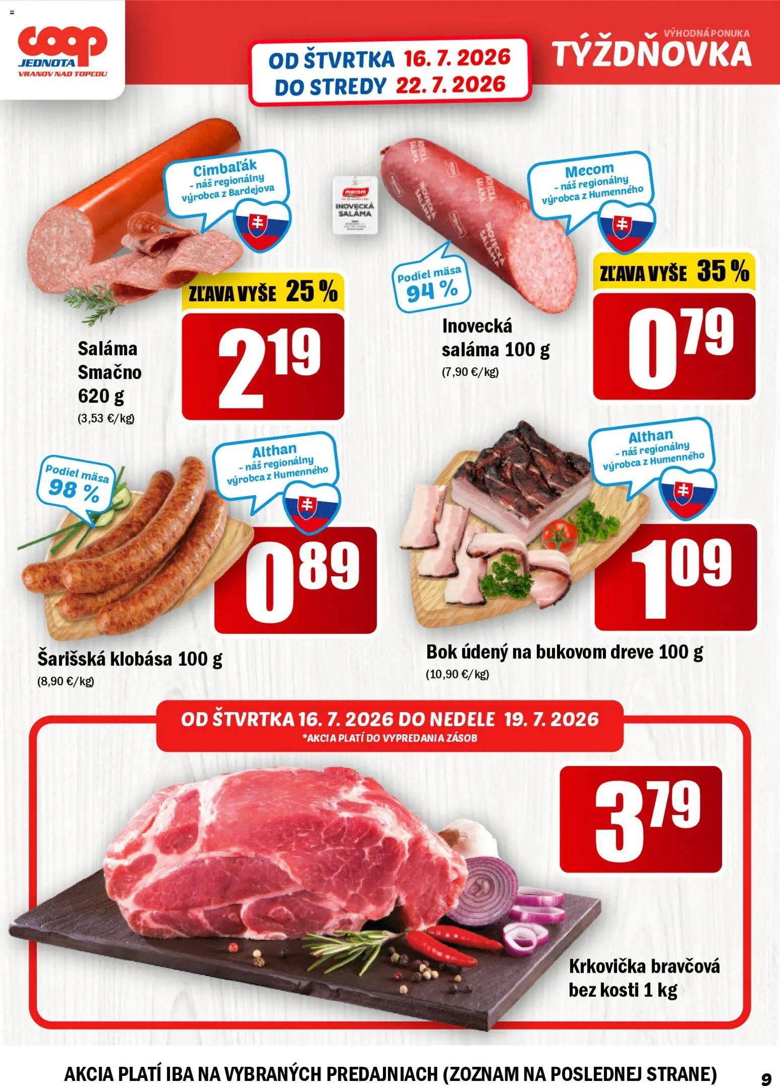 Nové COOP Jednota akcie – leták je platný od 16.07.2026 | Strana: 9 | Produkty: Saláma, Klobása, Krkovička